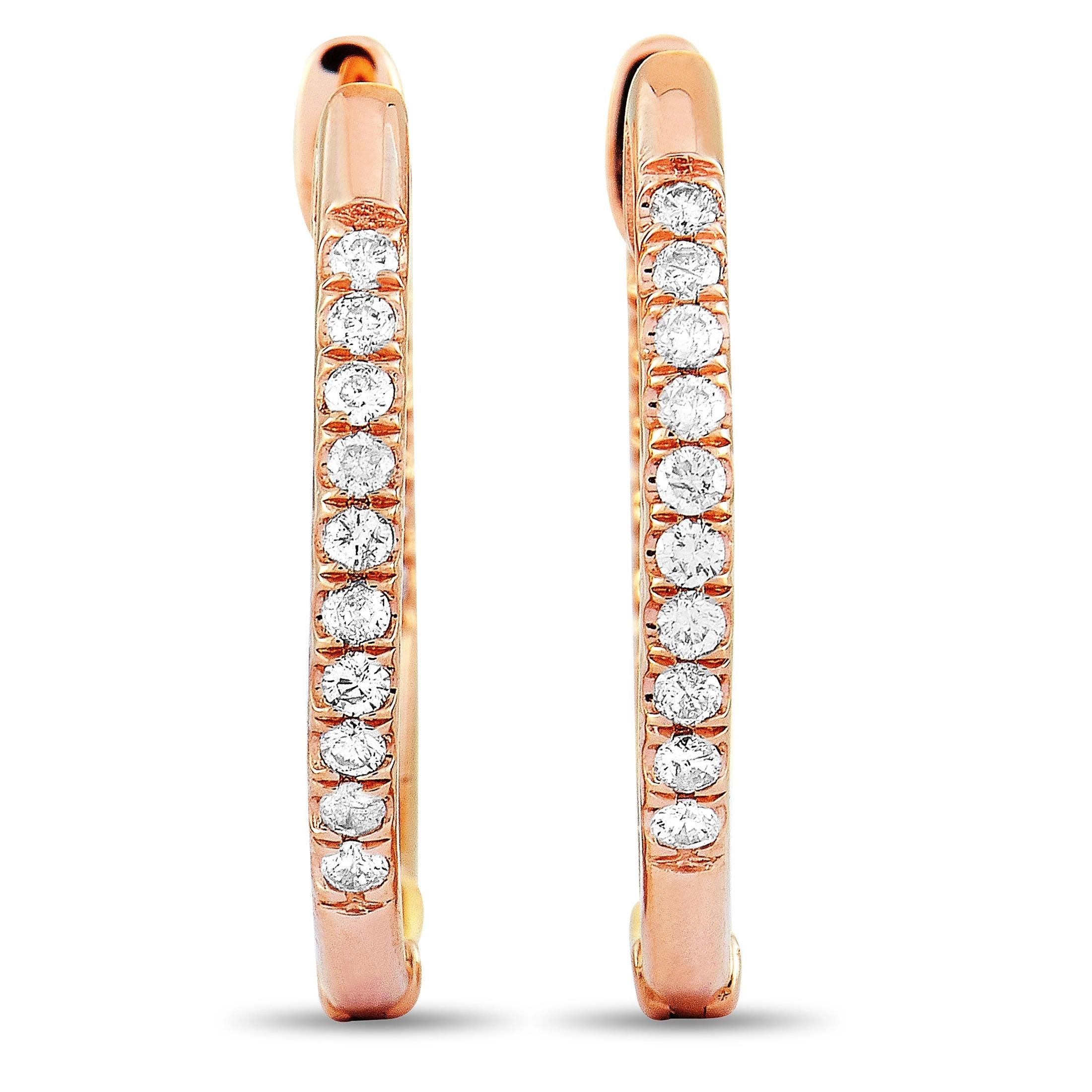 Round Cut LB Exclusive 14K Rose Gold 0.25 ct Diamond Pave Hoop Earrings For Sale