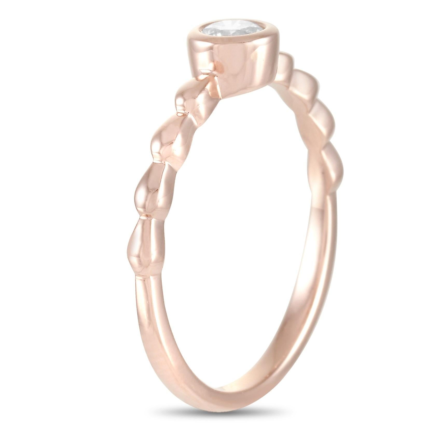 This LB Exclusive ring is made of 14K rose gold and embellished with a 0.25 ct diamond stone. The ring weighs 1.9 grams and boasts a band thickness of 1 mm and a top height of 4 mm, while top dimensions measure 5 by 5 mm.

Offered in brand-new