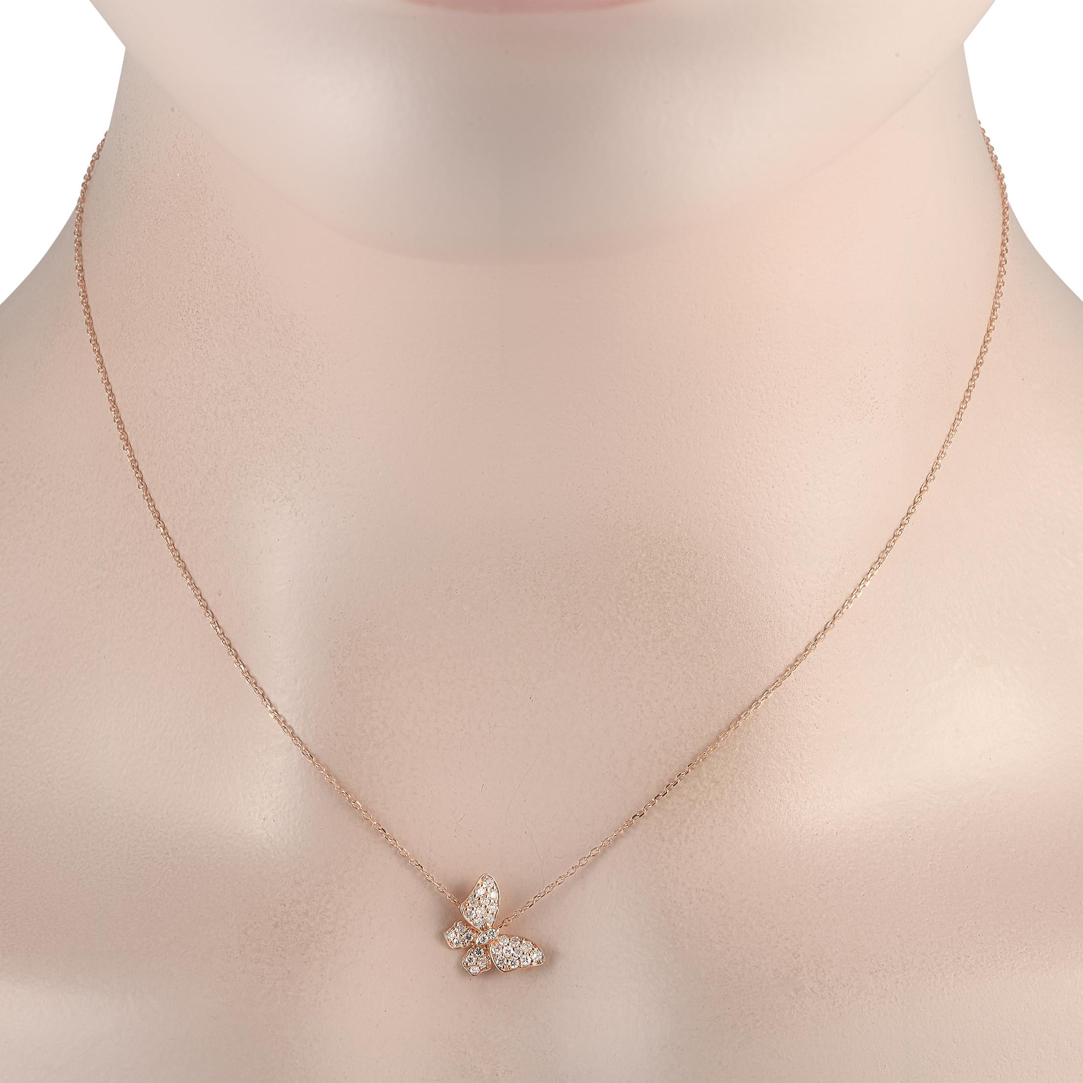 Add a touch of charm and luxury to any ensemble with this exquisite 14K rose gold necklace. On this elegant piece, youll find a butterfly shaped pendant measuring 0.50 round suspended from a 16 chain. Diamonds with a total weight of 0.25 carats