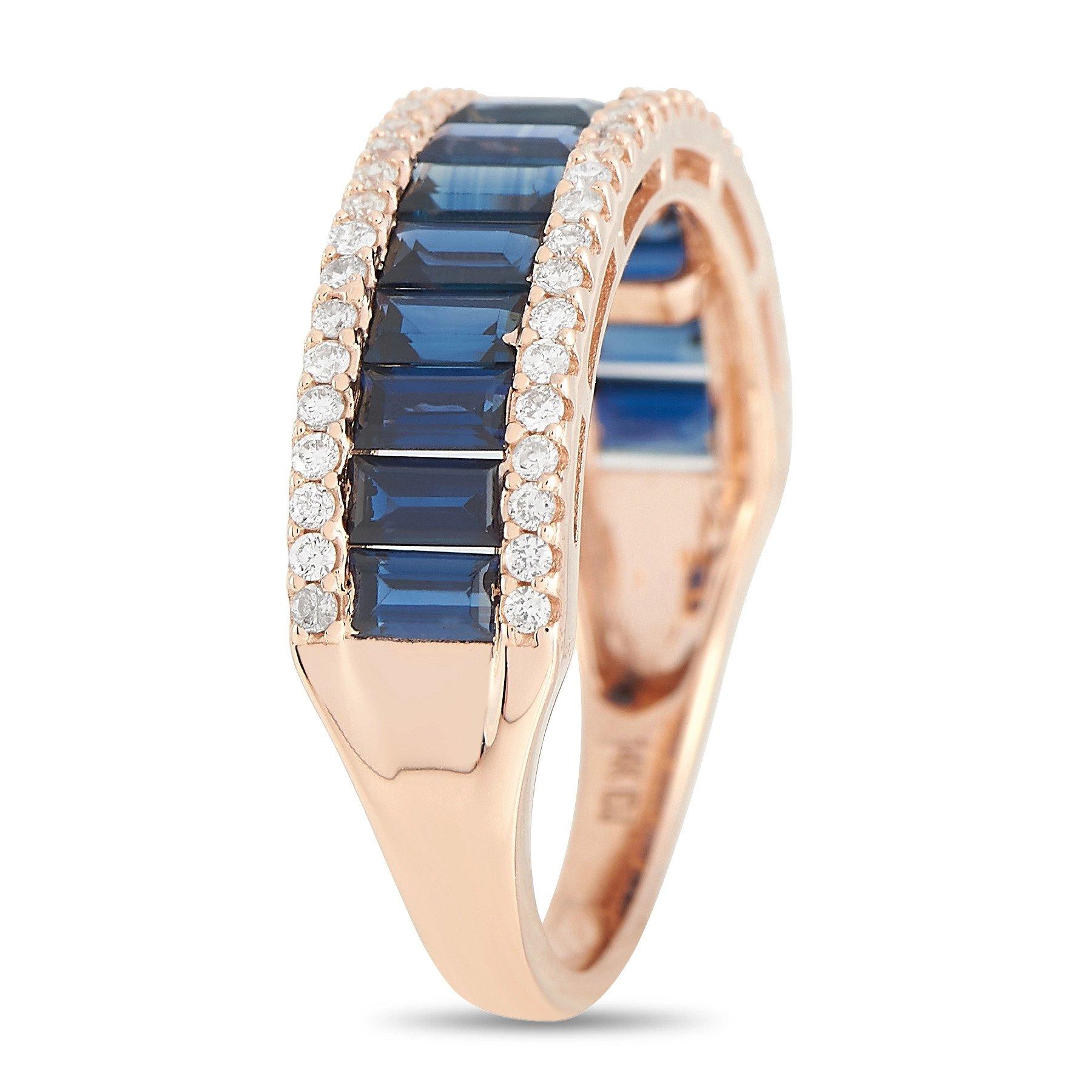 A central row of sapphire gemstones with a total weight of 1.95 carats provide a stunning focal point on this elegant ring. With a simple setting crafted from 14K Rose Gold, inset diamonds totaling 0.30 carats make it even more spectacular. This