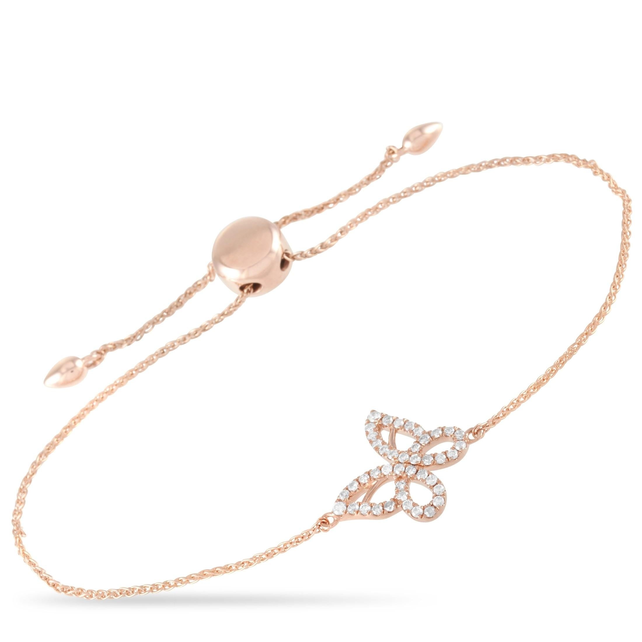 This LB Exclusive butterfly bracelet is made of 14K rose gold and embellished with diamonds that amount to 0.30 carats. The bracelet weighs 4 grams and measures 6.50” in length, which is adjustable.

Offered in brand-new condition, this jewelry