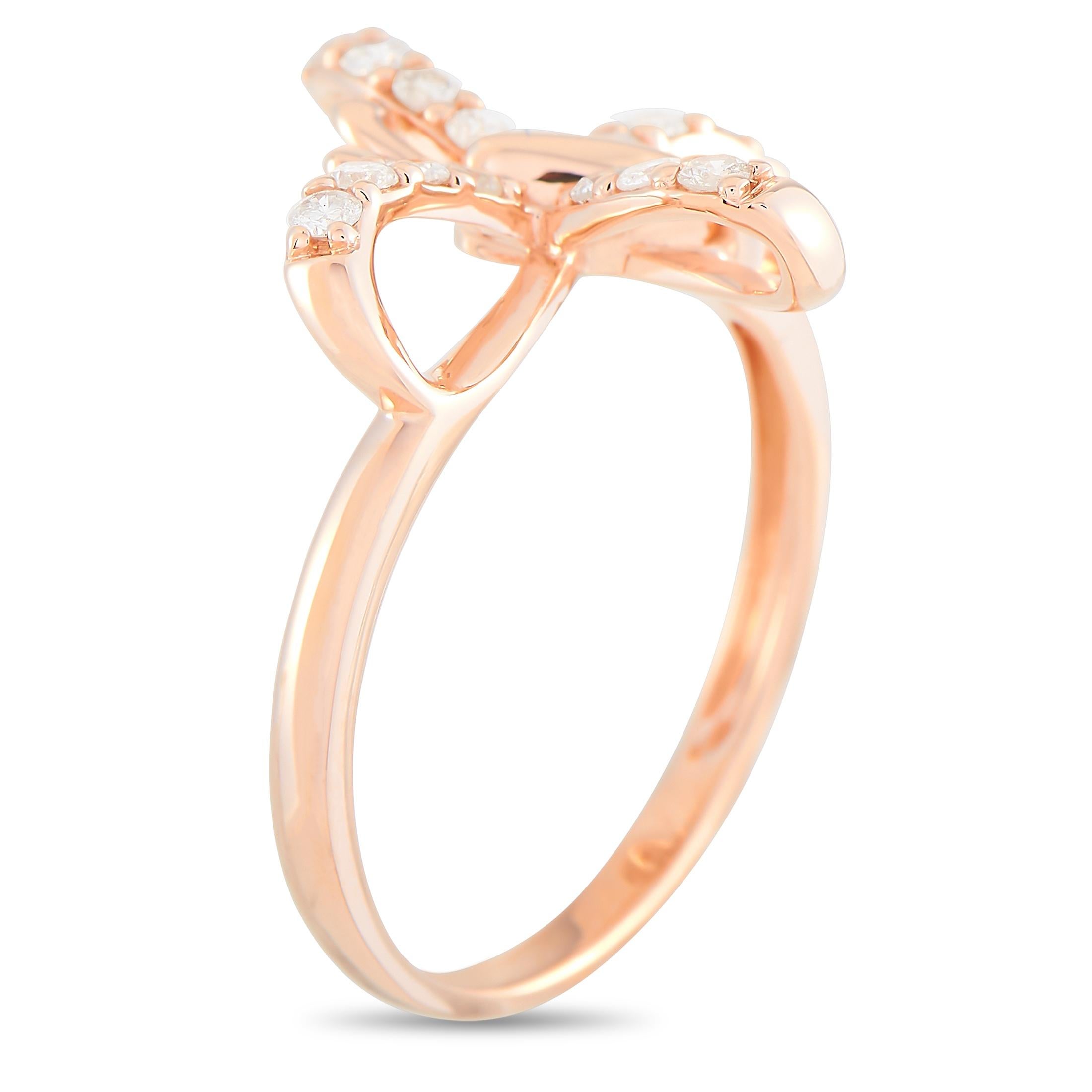 This LB Exclusive butterfly ring is made of 14K rose gold and embellished with diamonds that amount to 0.30 carats. The ring weighs 2.5 grams and boasts band thickness of 2 mm and top height of 3 mm, while top dimensions measure 16 by 17 mm.
 
