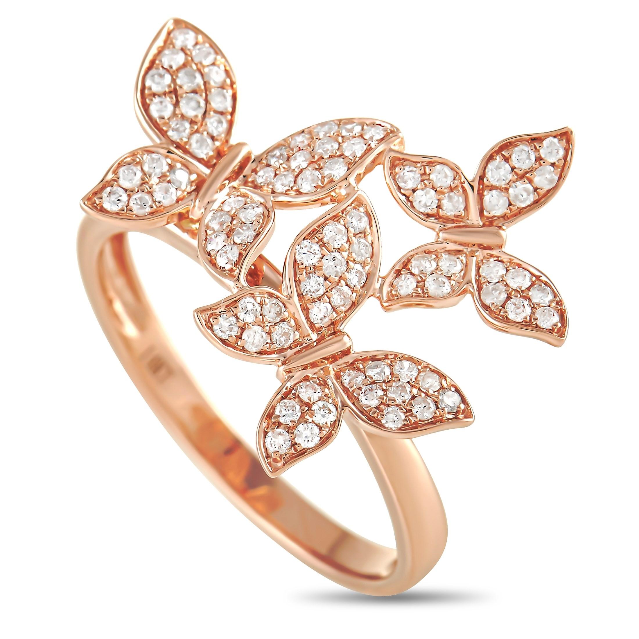 A trio of butterflies makes this 14K Rose Gold ring impossible to ignore. With a 2mm wide band and a top height of 3mm, this piece comes to life thanks to glittering diamonds with a total weight of 0.30 carats. 

This jewelry piece is offered in