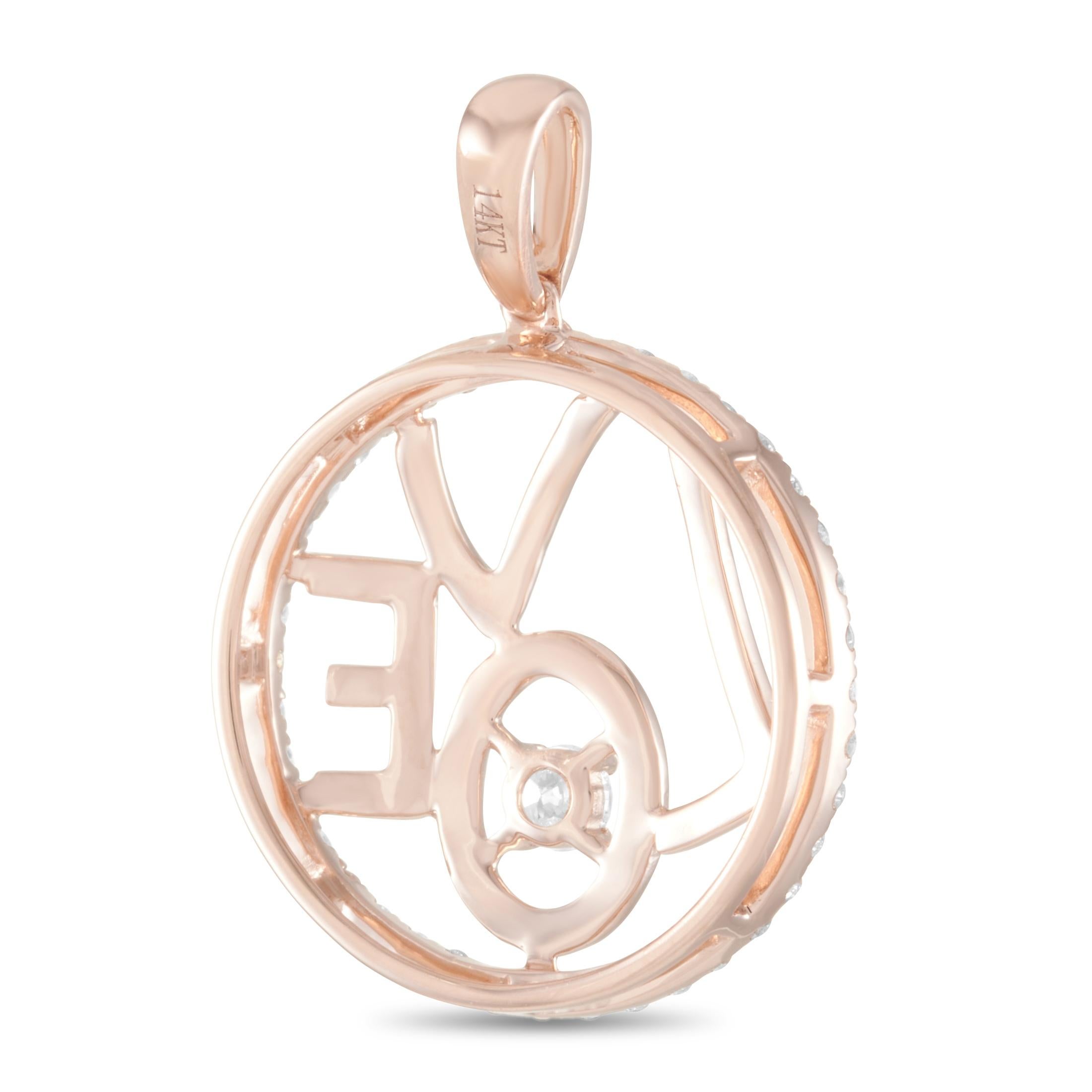 This LB Exclusive pendant is crafted from 14K rose gold and weighs 2.2 grams. It measures 0.88” in length and 0.63” in width. The pendant is set with diamonds that total 0.30 carats.
 
 Offered in brand new condition, this item includes a gift box.
