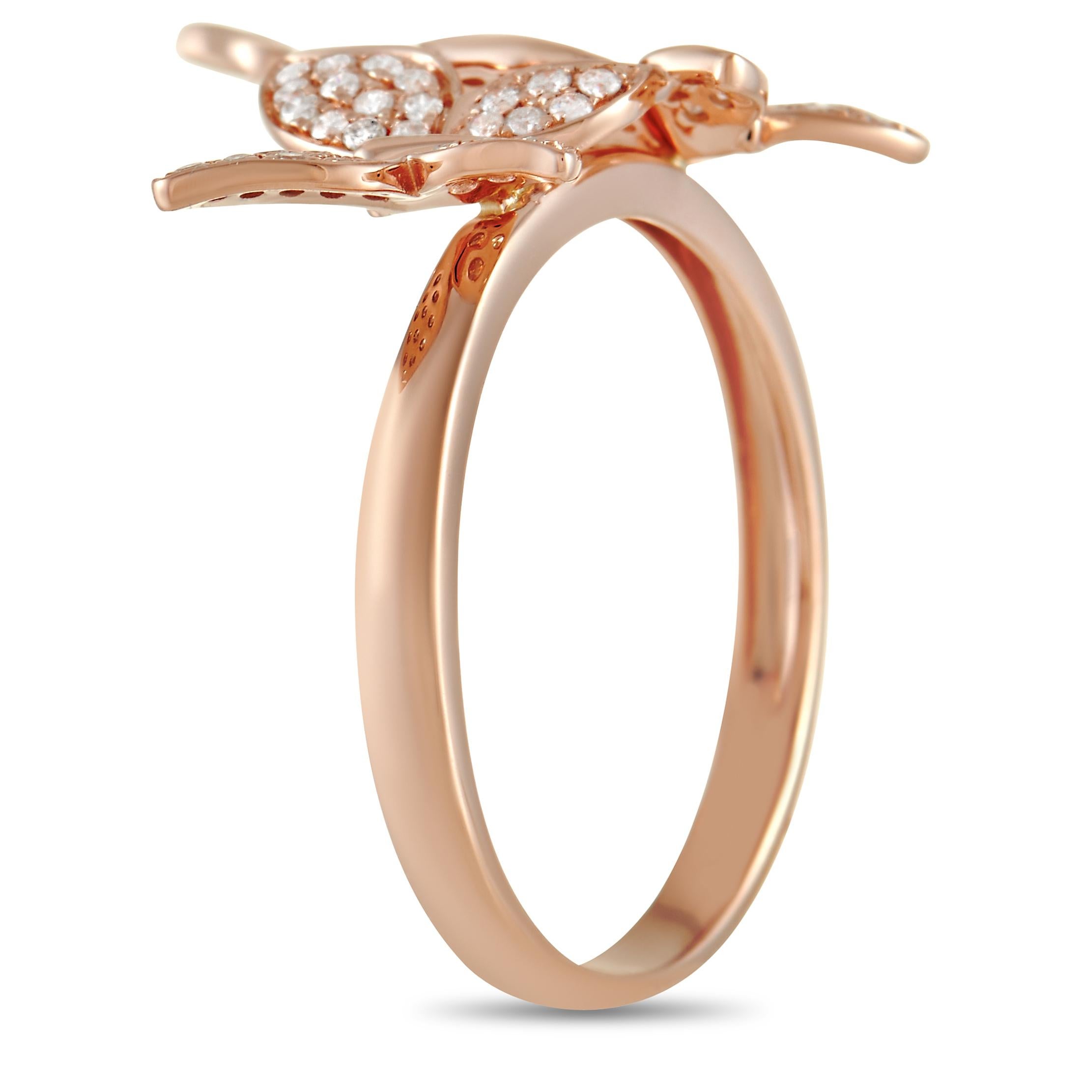 A trio of butterflies make this 14K Rose Gold ring impossible to ignore. With a 2mm wide band and a top height of 3mm, this piece comes to life thanks to glittering diamonds with a total weight of 0.30 carats. 