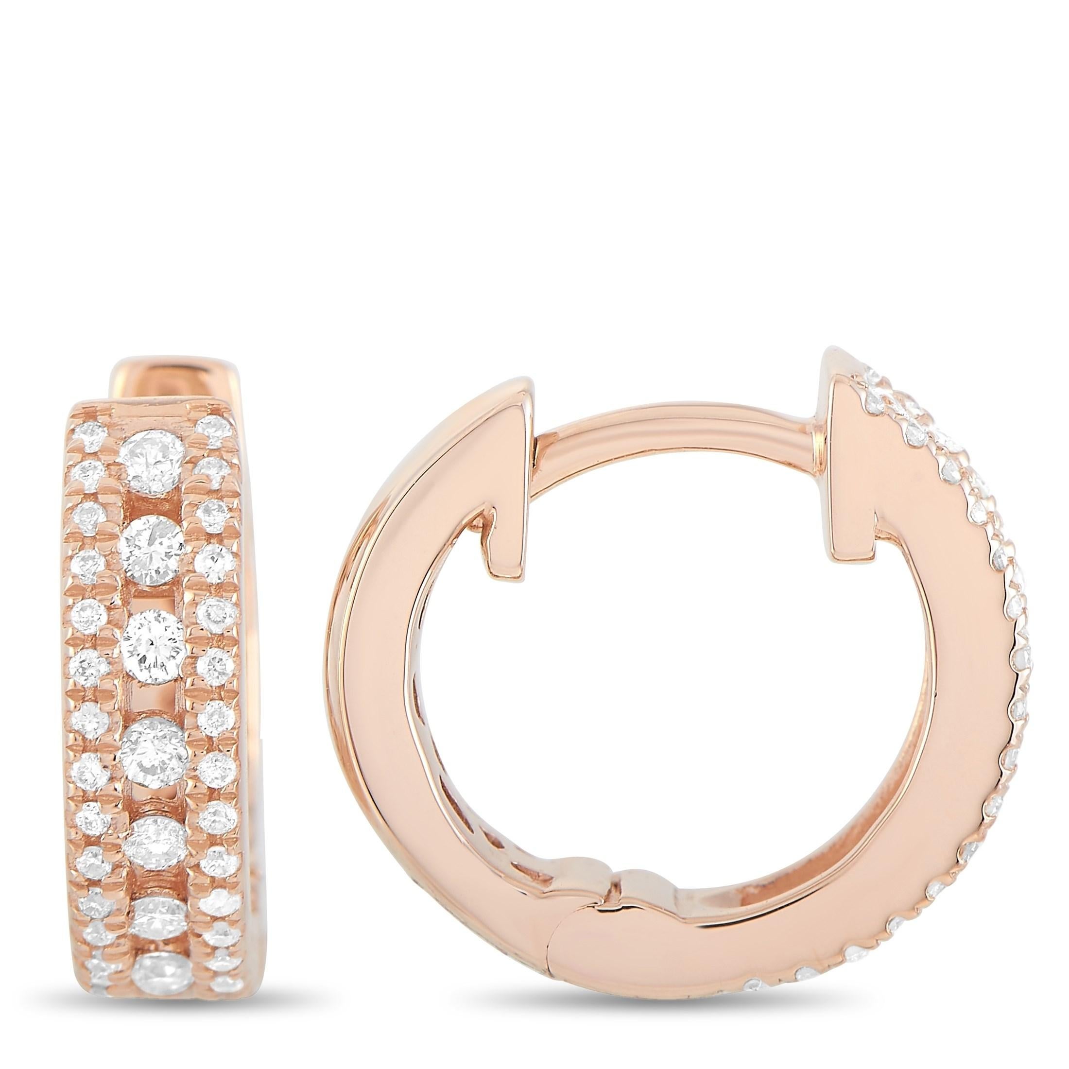 These LB Exclusive hoop earrings are crafted from 14K rose gold and each of the two weighs 1 gram. They measure 0.37” in length and 0.10” in width. The pair is set with diamonds that total 0.35 carats.

The earrings are offered in brand-new