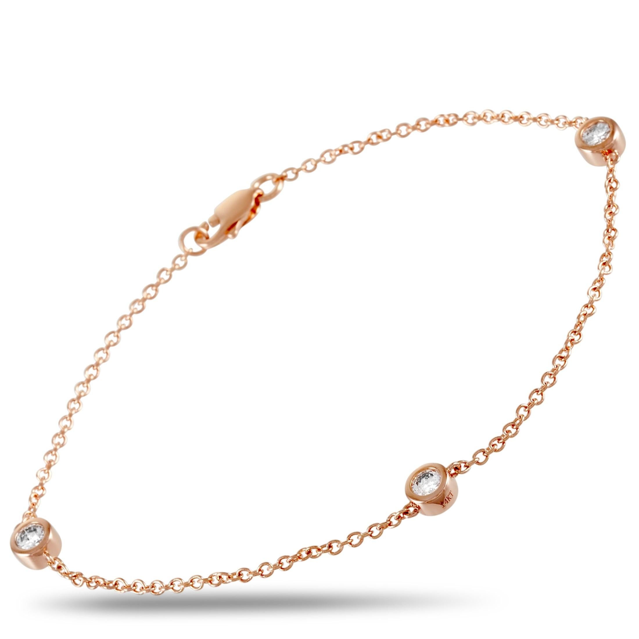 This LB Exclusive bracelet is crafted from 14K rose gold and weighs 2.2 grams, measuring 6.50” in length. It is set with diamonds that total 0.37 carats.

The bracelet is offered in brand-new condition and includes a gift box.