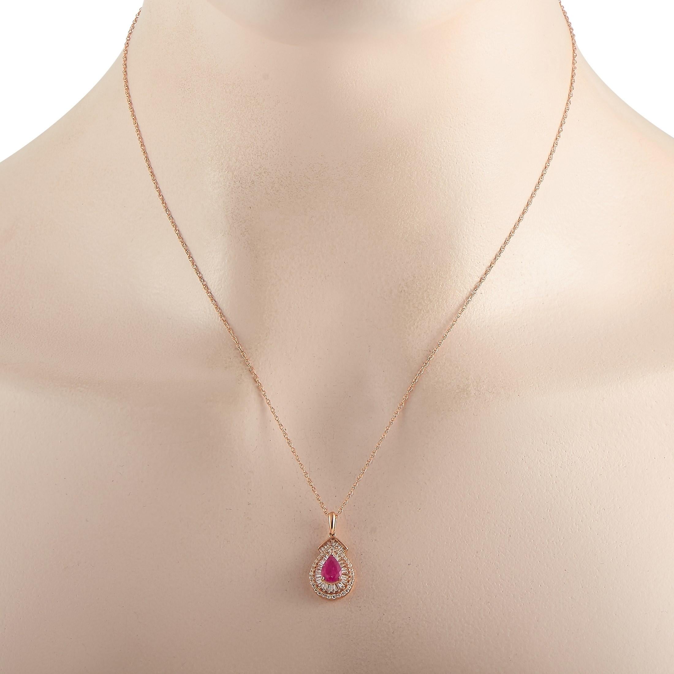 This elegant LB Exclusive 14K Rose Gold 0.50 ct Diamond and 0.90 ct Ruby Pear Shaped Pendant Necklace is a subtle statement piece that includes a delicate 14K Rose Gold chain that is 18 inches in length and features a spring-ring closure. The