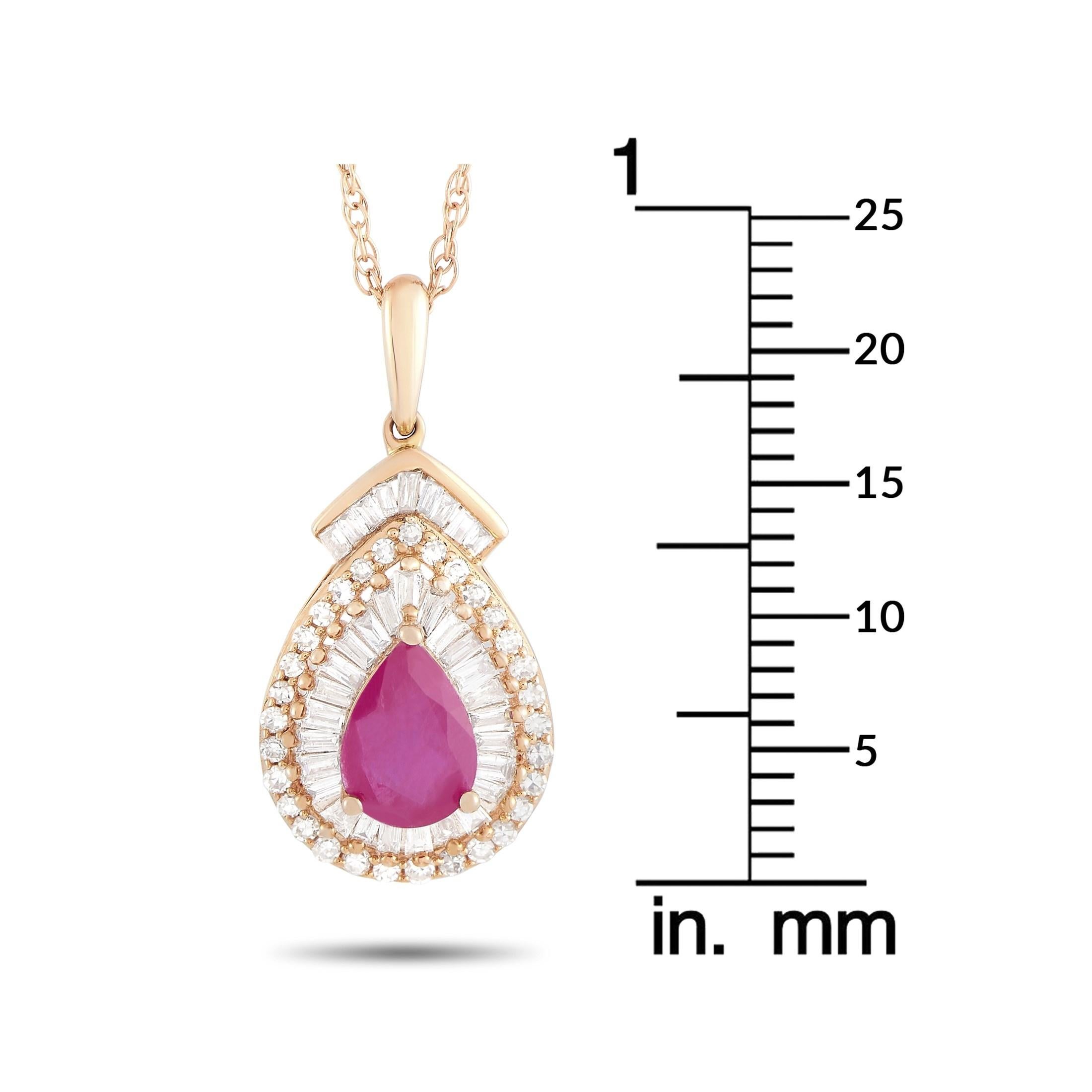 LB Exclusive 14 Karat Gold 0.50 Ct Diamond and 0.90 Ct Ruby Pear Shaped Pendant In New Condition In Southampton, PA