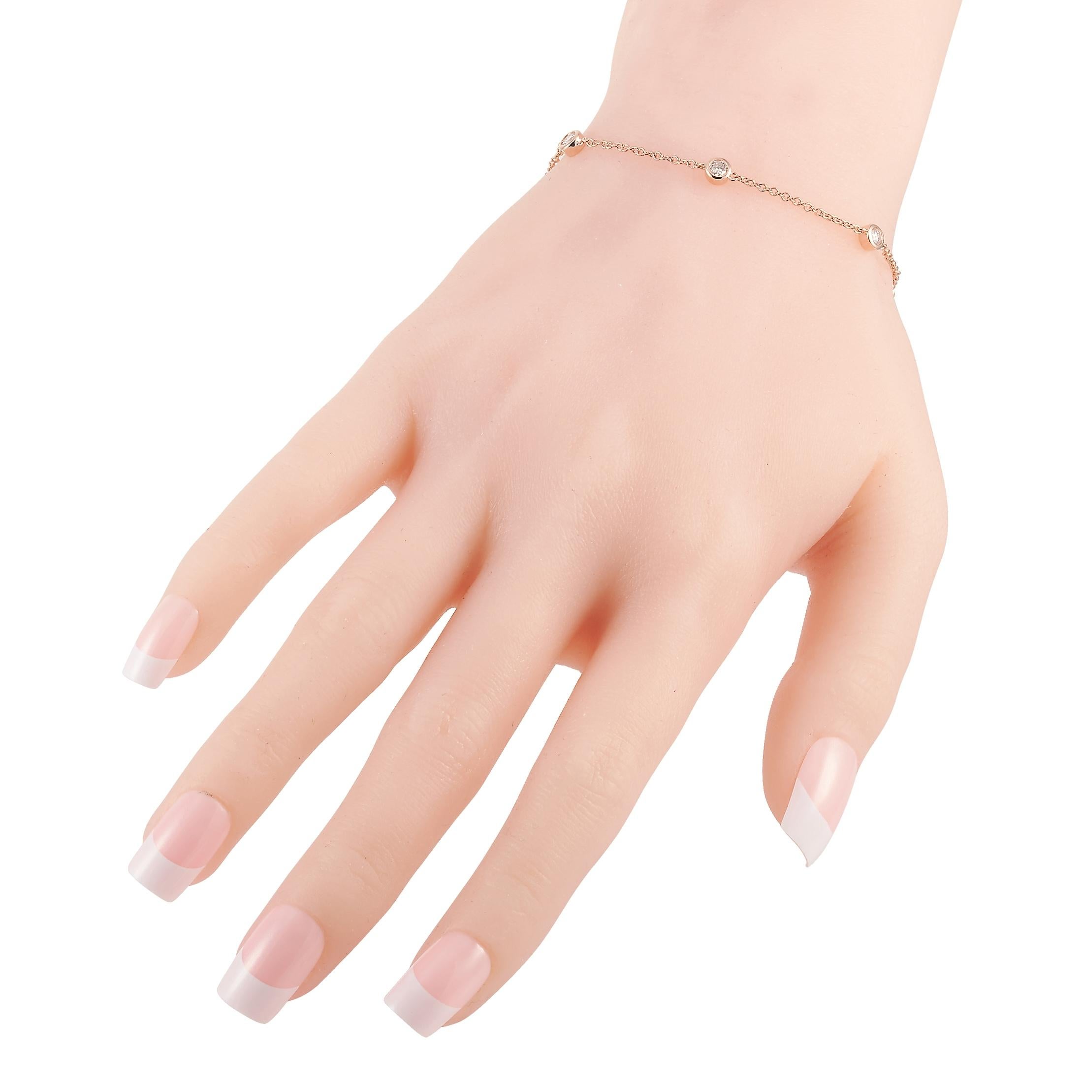 This LB Exclusive bracelet is made of 14K rose gold and embellished with diamonds that amount to 0.50 carats. The bracelet weighs 2.4 grams and measures 6.50” in length.
 
 Offered in brand new condition, this jewelry piece includes a gift box.
