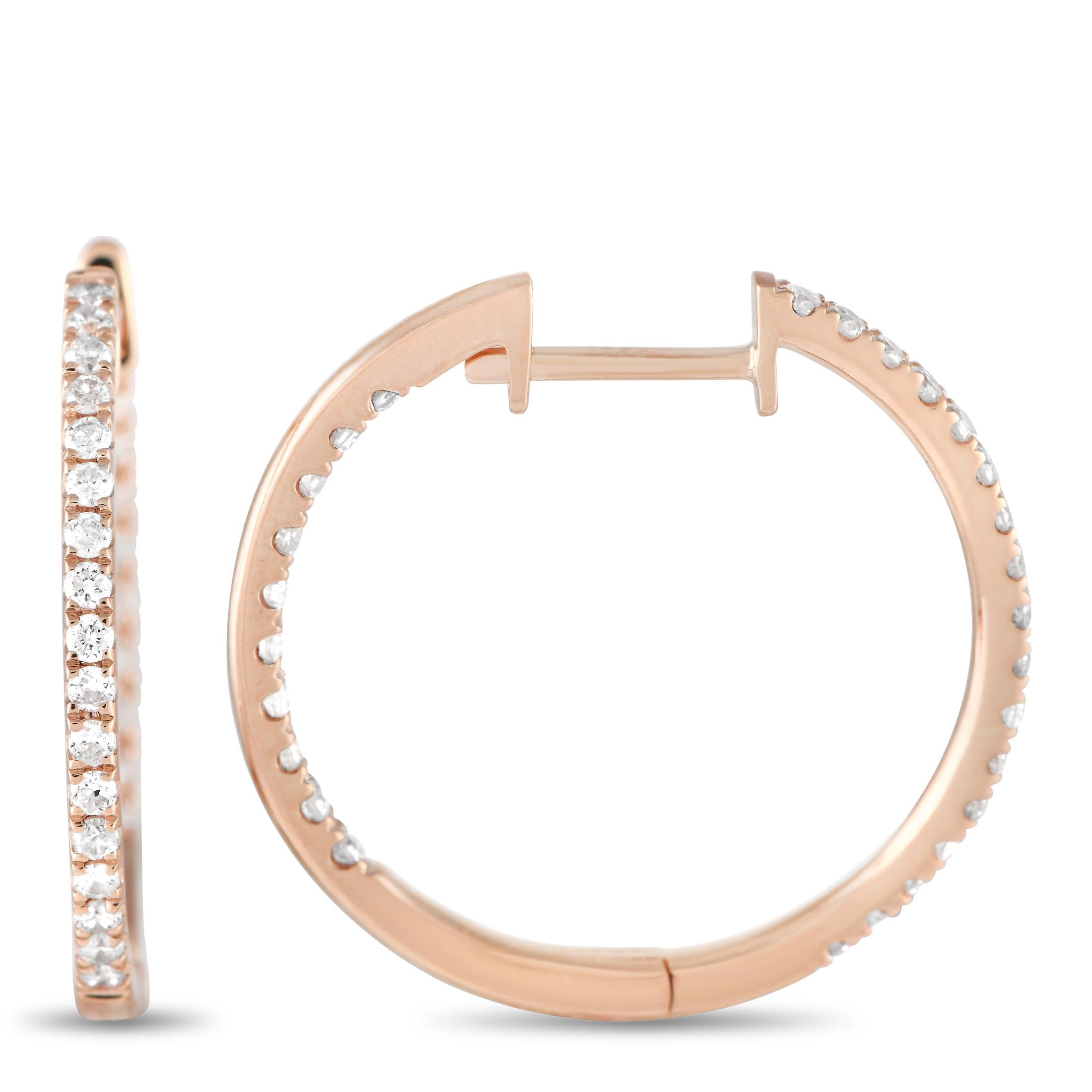These dazzling hoop earrings are poised to put the perfect finishing touch on any ensemble. Diamonds with a total weight of 0.50 carats sparkle on seemingly every inch of these elegant earrings. Each one features a 14K rose gold setting and measures