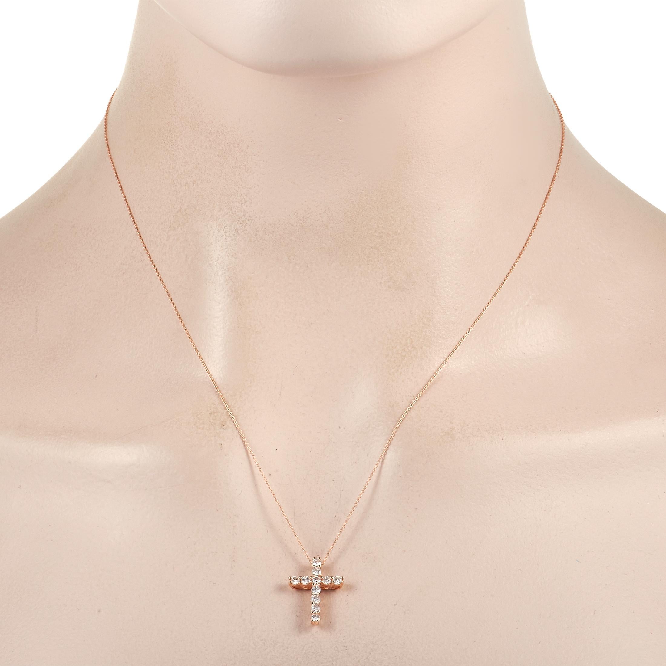 Keep your faith close to your heart with this impeccable pendant necklace. The iconic cross-shaped pendant measures 0.75” long, 0.5” wide, and comes to life thanks to a series of sparkling diamonds with a total weight of 0.52 carats. It’s crafted