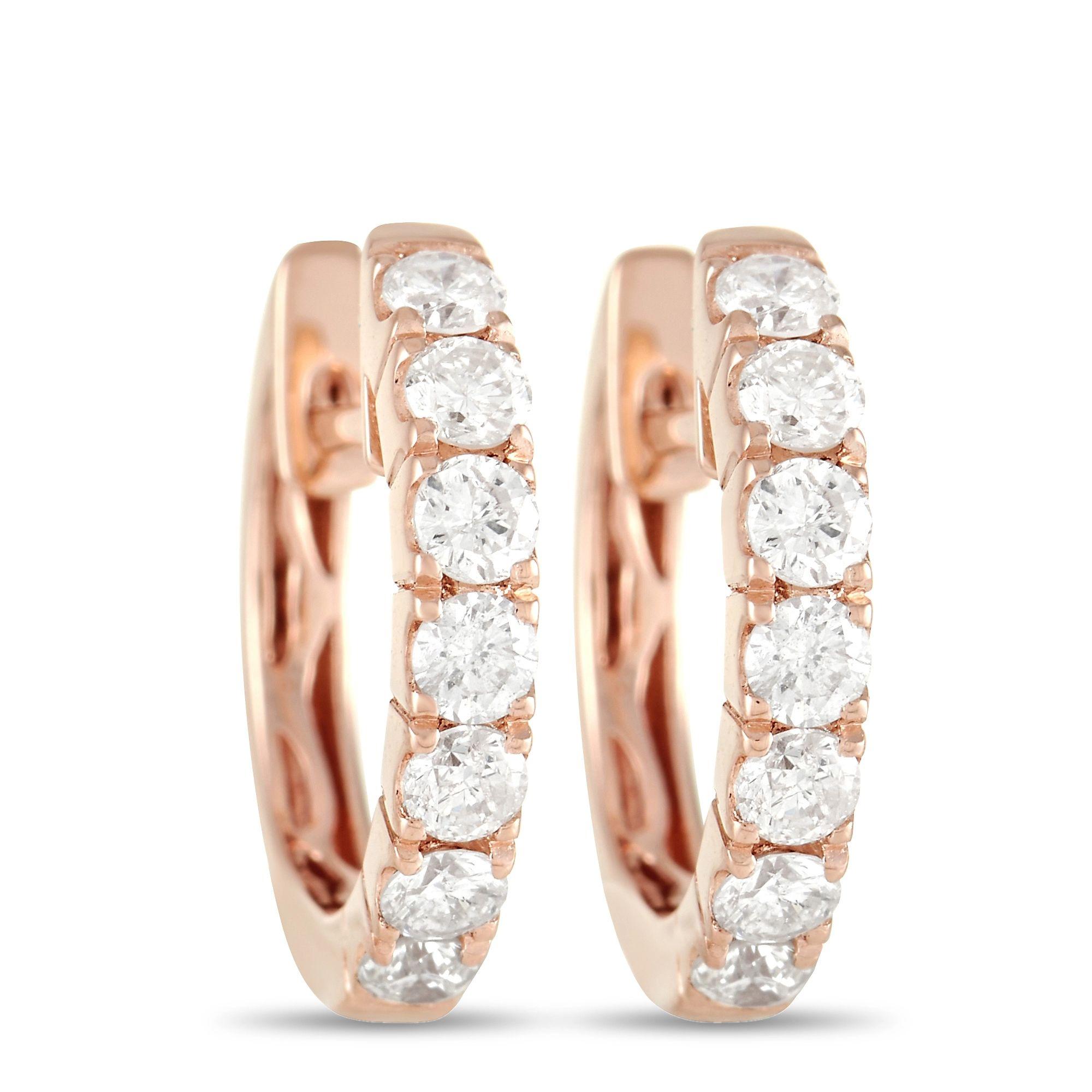 LB Exclusive 14k Rose Gold 0.59 Carat Diamond Hoop Earrings For Sale