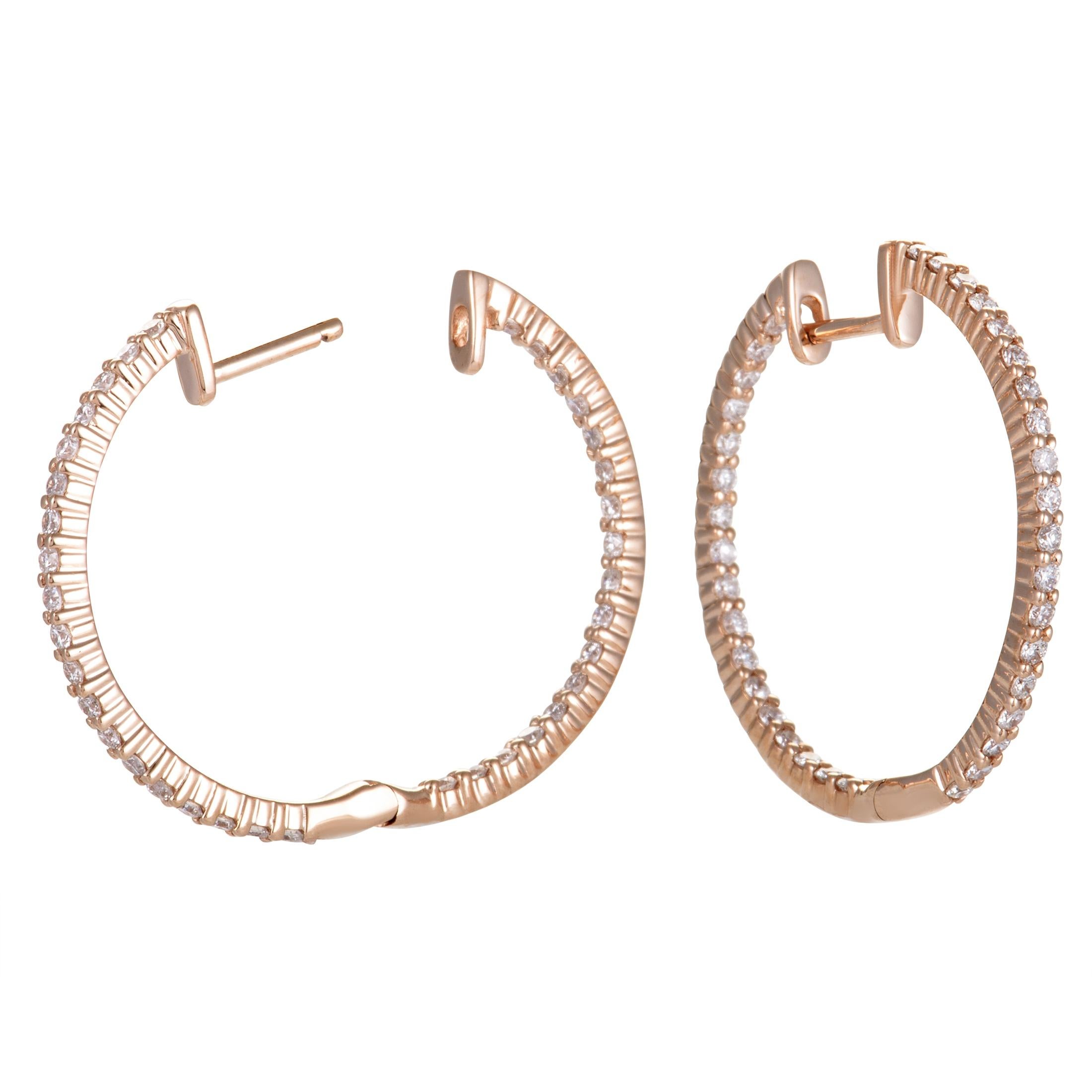 Round Cut LB Exclusive 14K Rose Gold 1.00 Carat VS1 G Color Diamond Pave Hoop Earrings