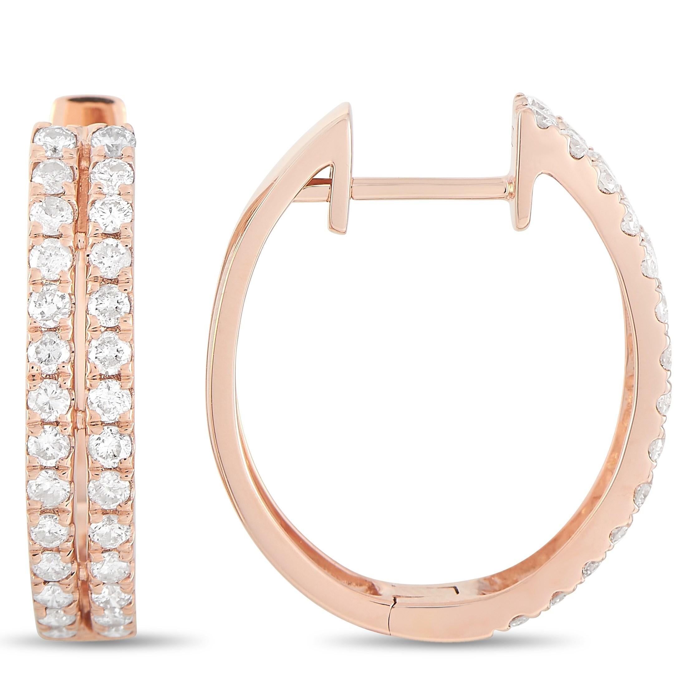 Ready to lend a sophisticated touch to your outfits is this pair of diamond hoop earrings. The LB Exclusive 14K Rose Gold 1.00 ct Diamond Hoop Earrings features two glittering rows of diamonds set on a polished rosy hoop. These ear jewels secure