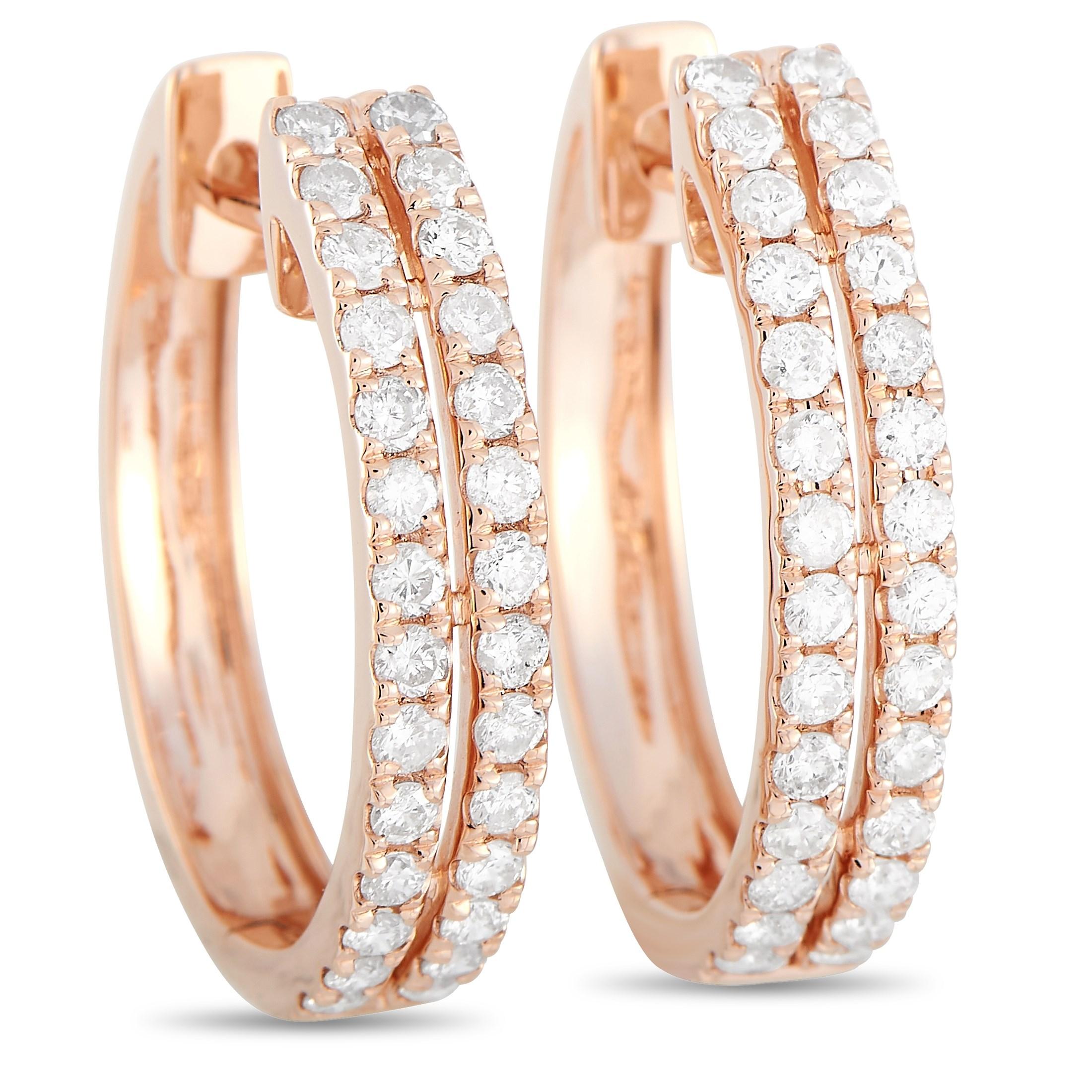 LB Exclusive 14k Rose Gold 1.00 ct Diamond Hoop Earrings In New Condition In Southampton, PA