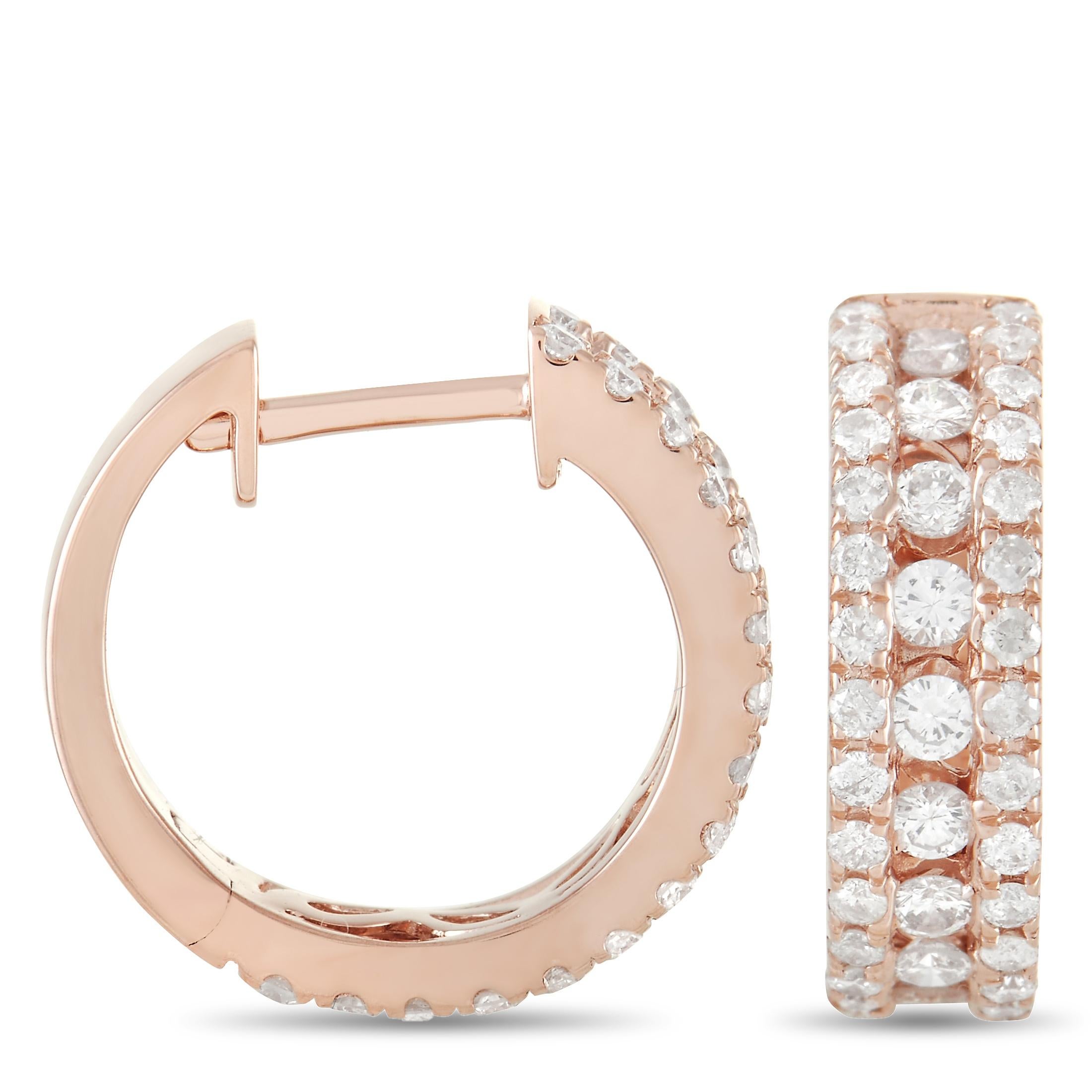 These stylish hoop earrings will sparkle and shine every time they catch the light. On these earrings - which measure .5” round - a warm 14K Rose Gold setting provides the perfect foundation for diamonds totaling 1.0 carats. 