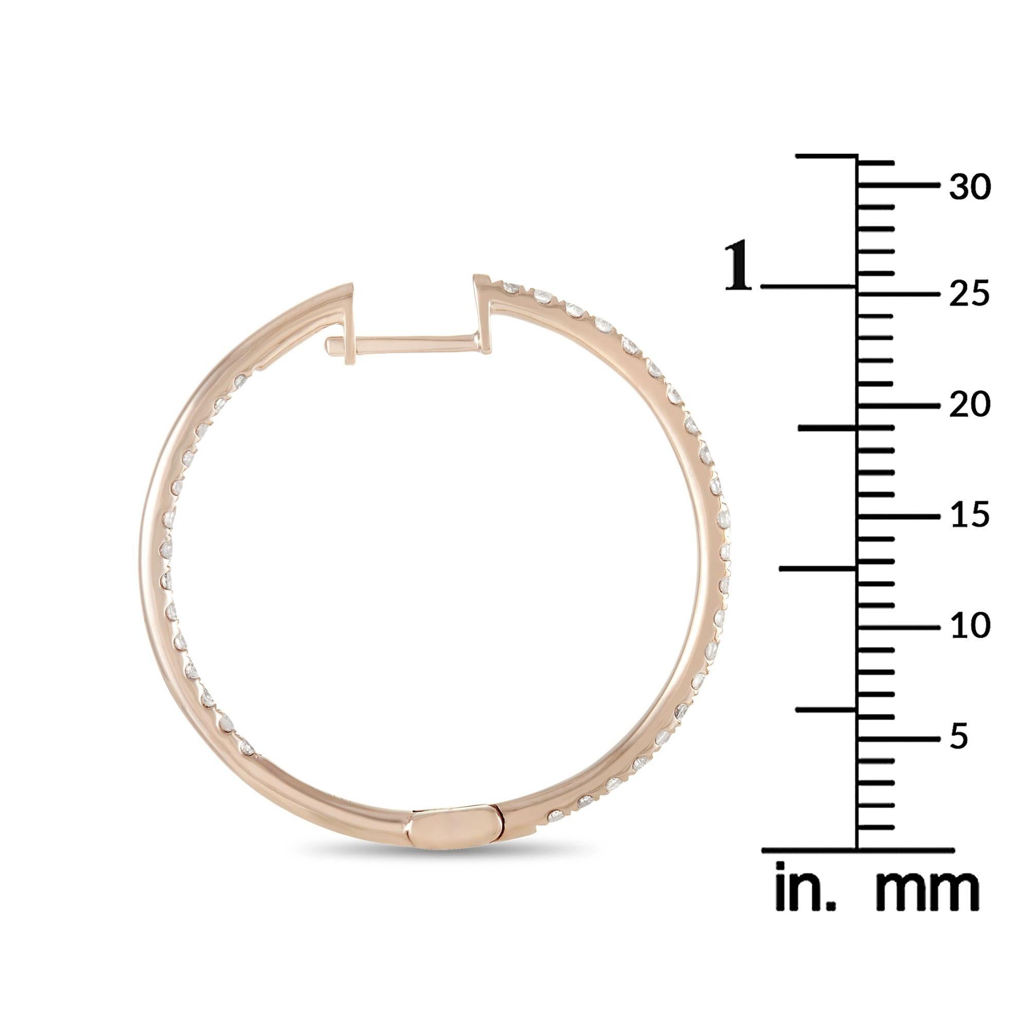Round Cut LB Exclusive 14k Rose Gold 1.0 Carat Diamond Hoop Earrings For Sale