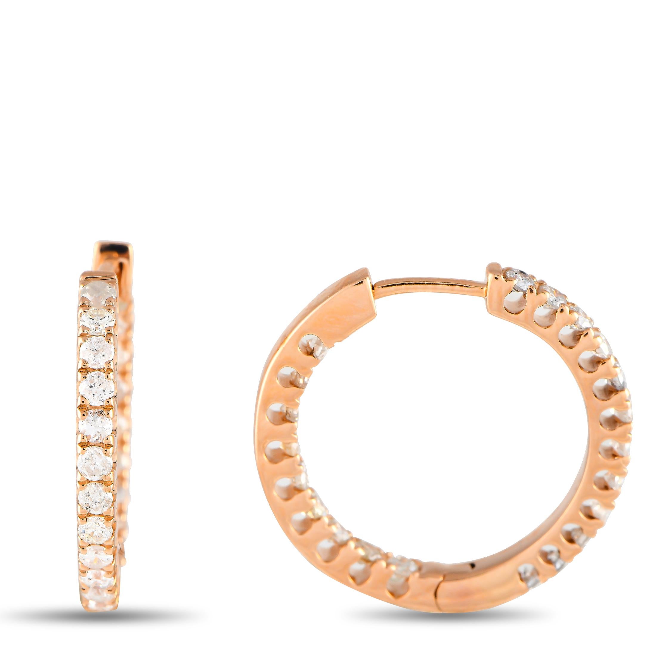 Unleash the goddess in you with this pair of rose gold ear sparklers. Each 0.75 hoop comes traced with an inner and outer row of bright white diamonds for a noticeable shimmer at any angle. Each hoop has a hinged snap closure.This pair of 14K Rose