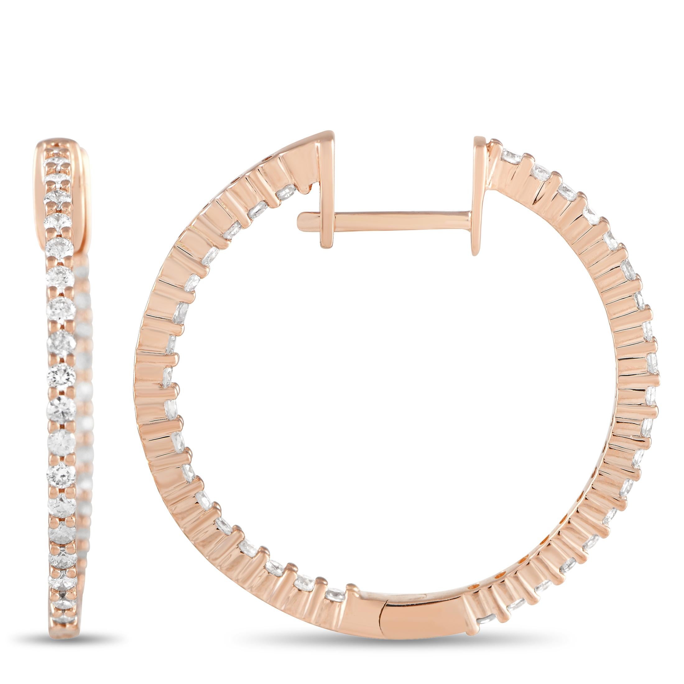 Feminine yet powerful, these rose gold diamond hoops make a versatile addition to your jewelry collection. Each hoop measures 1