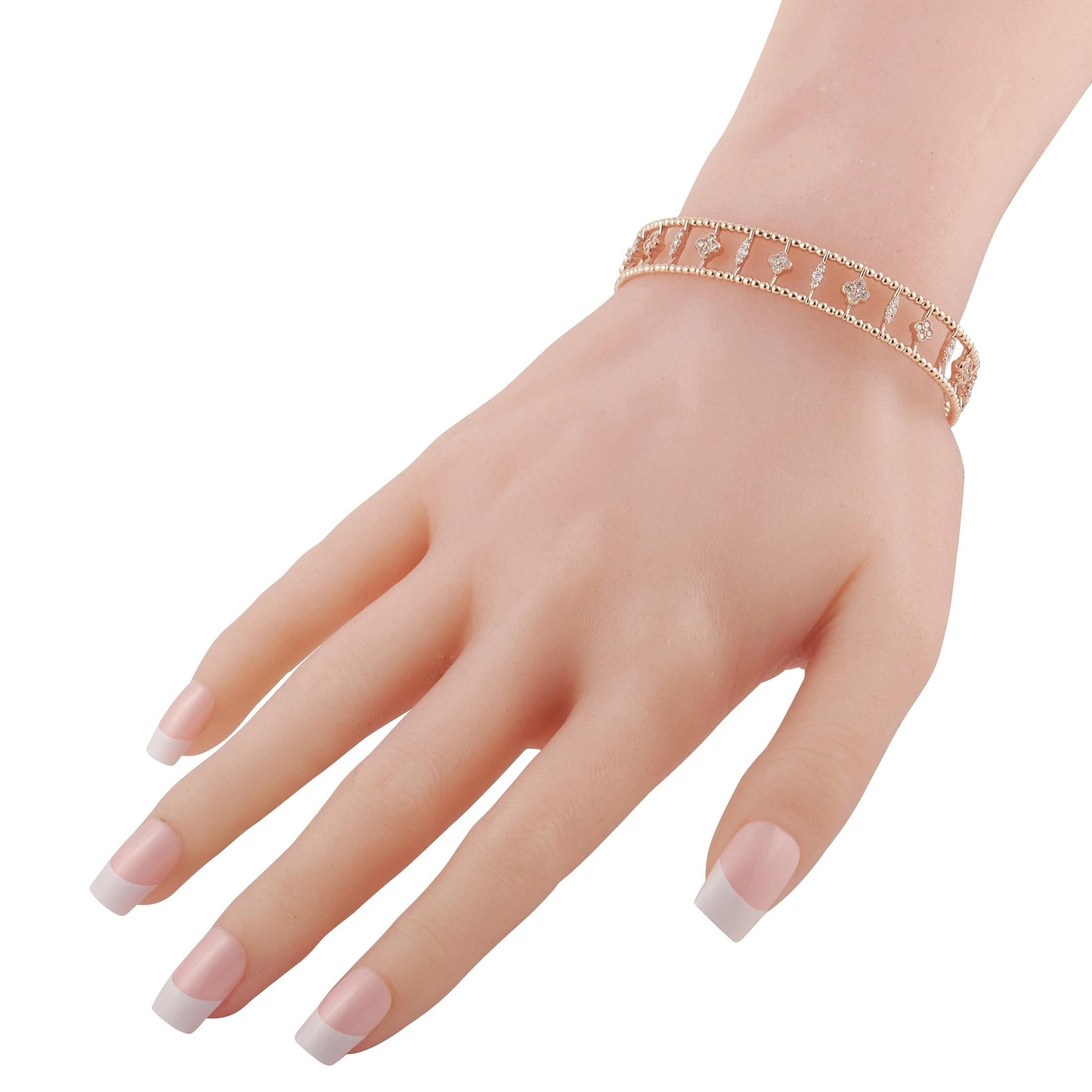 This elegant bracelet is the definition of luxury. Intricate 14K Rose Gold metalwork comes to life thanks to the array of sparkling diamonds totaling 1.22 carats. This bracelet measures 7” long and is poised to become an essential part of any