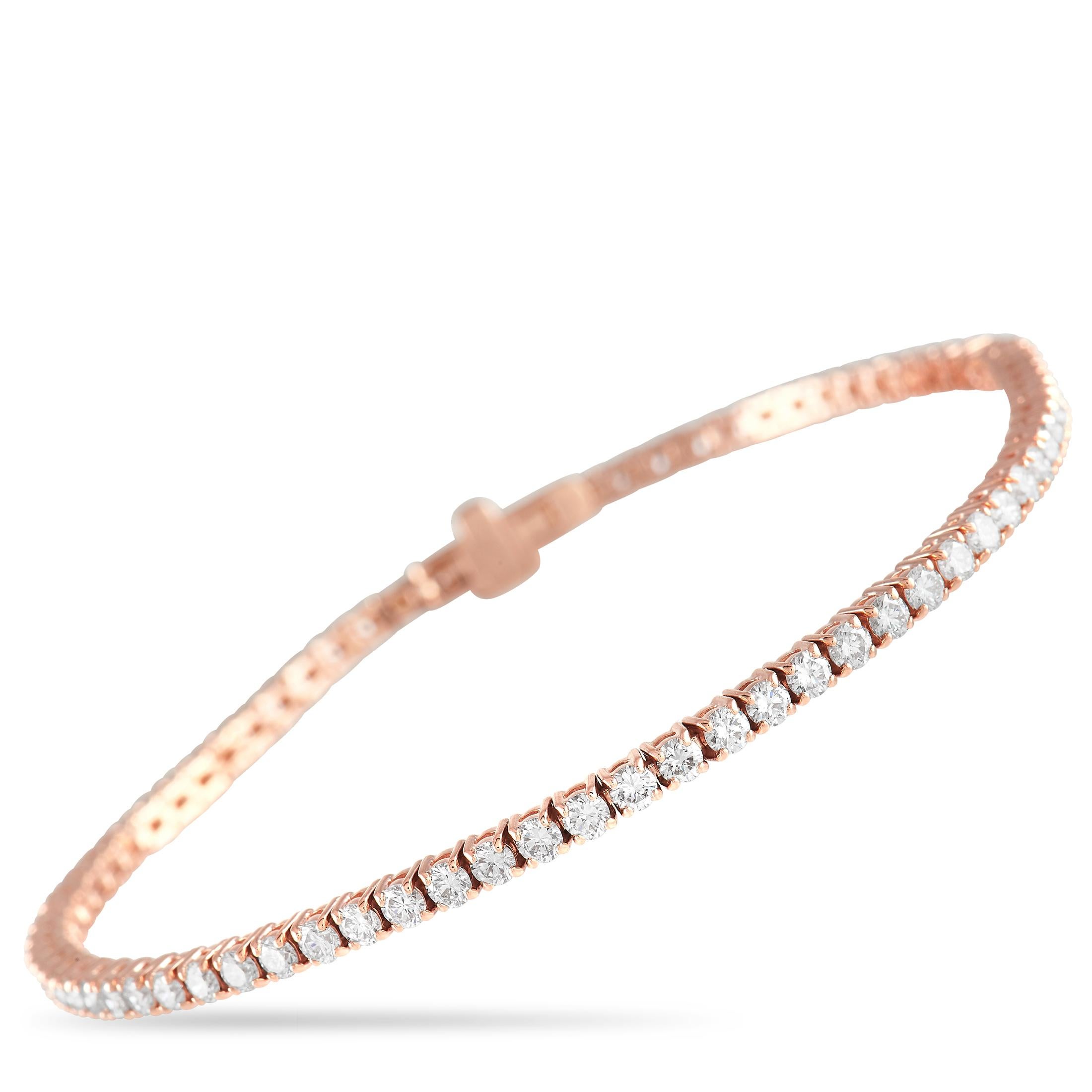 A glittering array of diamonds totaling 1.86 carats makes this bracelet simply unforgettable. Crafted from 14K Rose Gold, this luxurious piece of jewelry measures 7.5” long and will instantly elevate any outfit. 

This jewelry piece is offered in