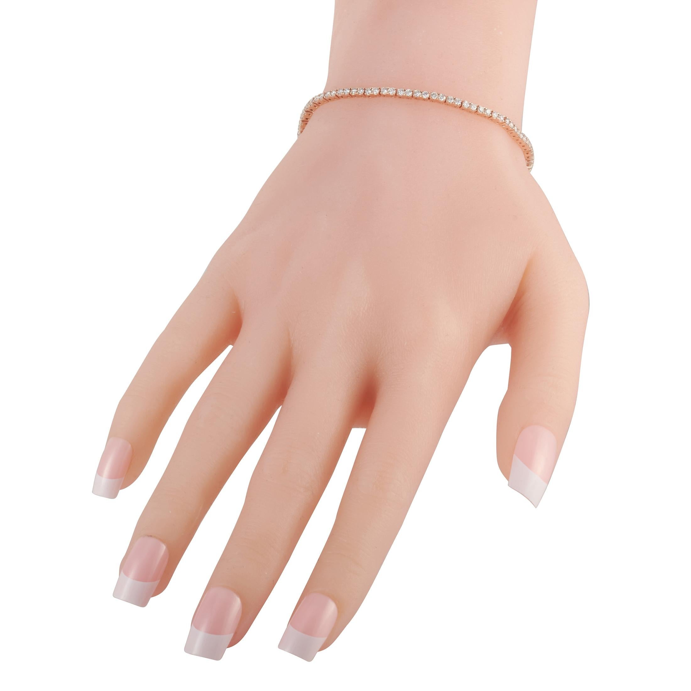 This LB Exclusive tennis bracelet is made of 14K rose gold and embellished with diamonds that amount to 2.13 carats. The bracelet weighs 6.4 grams and measures 7” in length.
 
 Offered in brand new condition, this jewelry piece includes a gift box.