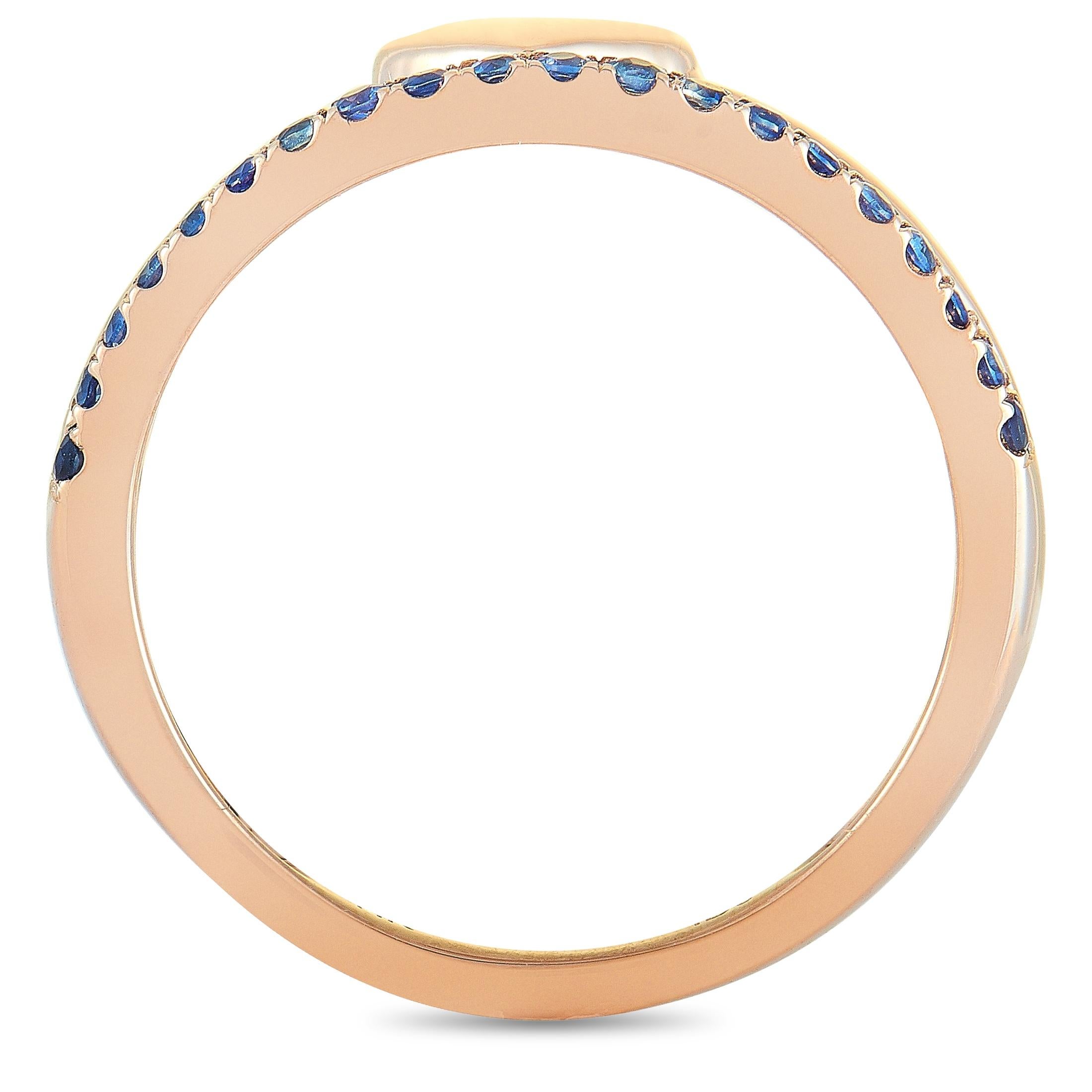 This LB Exclusive ring is made of 14K rose gold and set with sapphires that amount to 0.25 carats. The ring weighs 2.5 grams, boasting band thickness of 2 mm and top height of 2 mm, while top dimensions measure 20 by 6 mm.