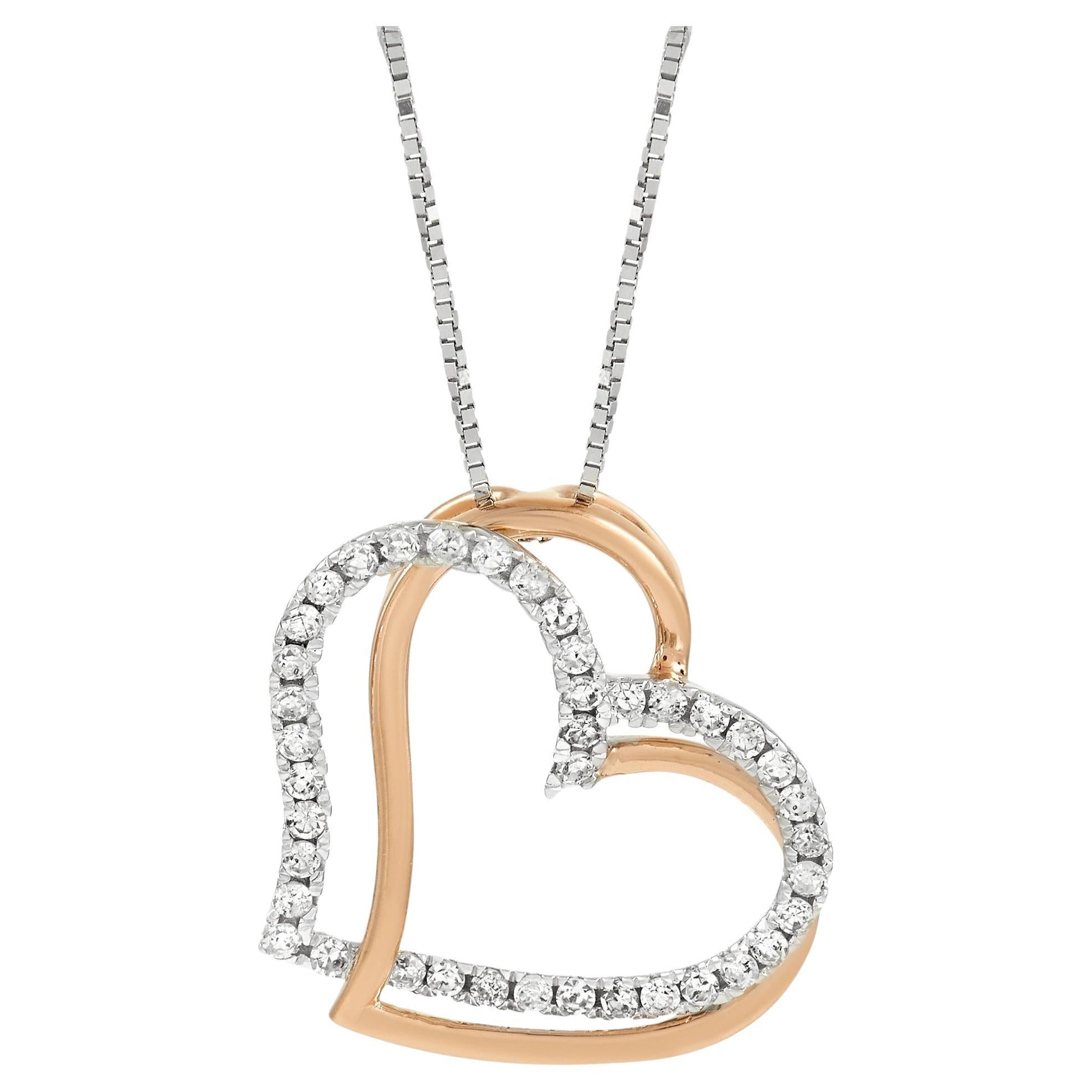 LB Exclusive 14K White and Rose Gold 0.25 Ct Diamond Heart Necklace For Sale