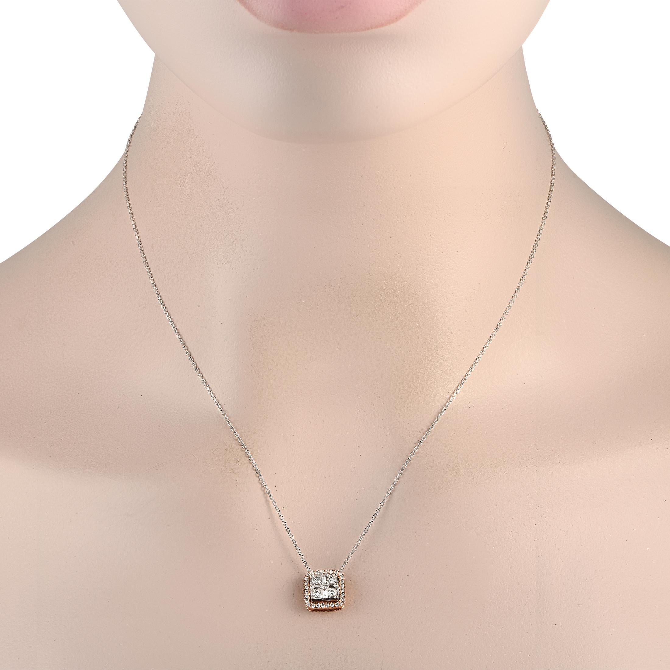 You can wear this LB Exclusive necklace to add a bit of glitter to your style. It has an 18 white gold chain holding a rounded square rose gold pendant, with a single row of diamonds tracing the edges. Although the pendant is petite in size, it has