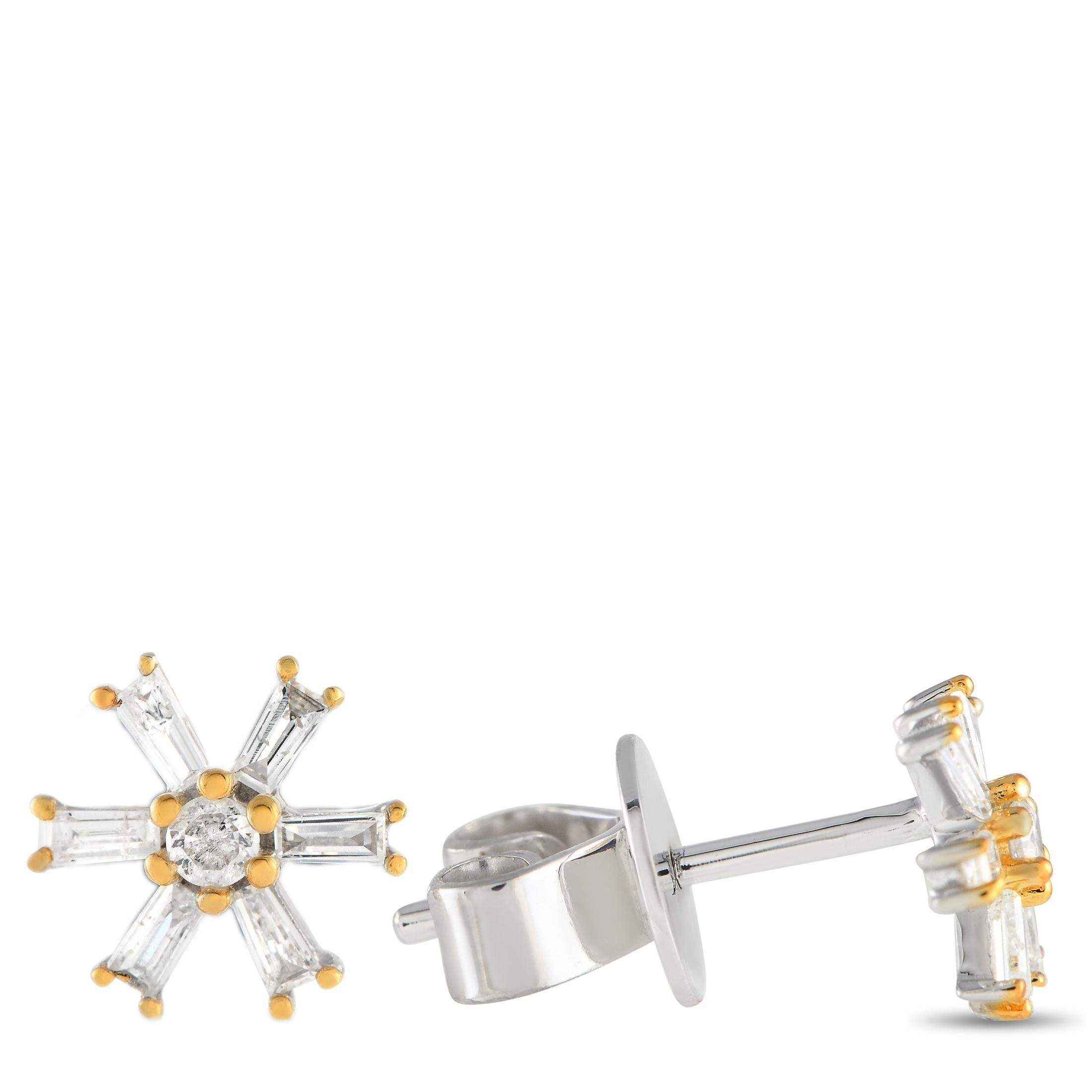 Level up the graceful charm of a dreamy outfit with this pair of pinwheel diamond earrings. These 14K white gold studs feature a round central diamond secured by six 14K yellow gold prongs. Five step-cut diamonds with yellow gold prongs encircle the