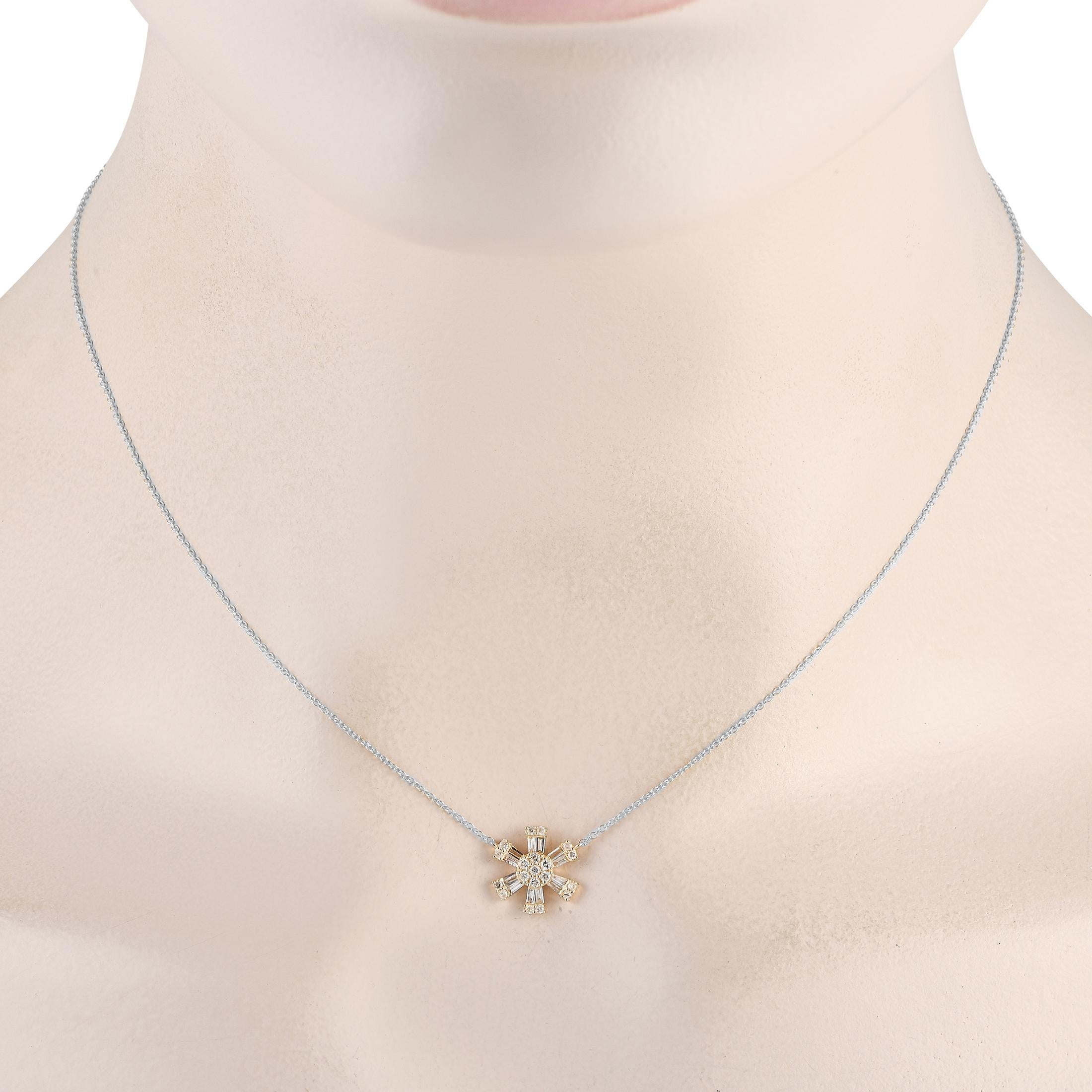 Crafted from a combination of 14K white gold and 14K yellow gold, this effortless necklace is an impressive piece that is ideal for everyday wear. Suspended at the center of a 15.5” chain, you’ll find a breathtaking pendant that measures 0.50” round