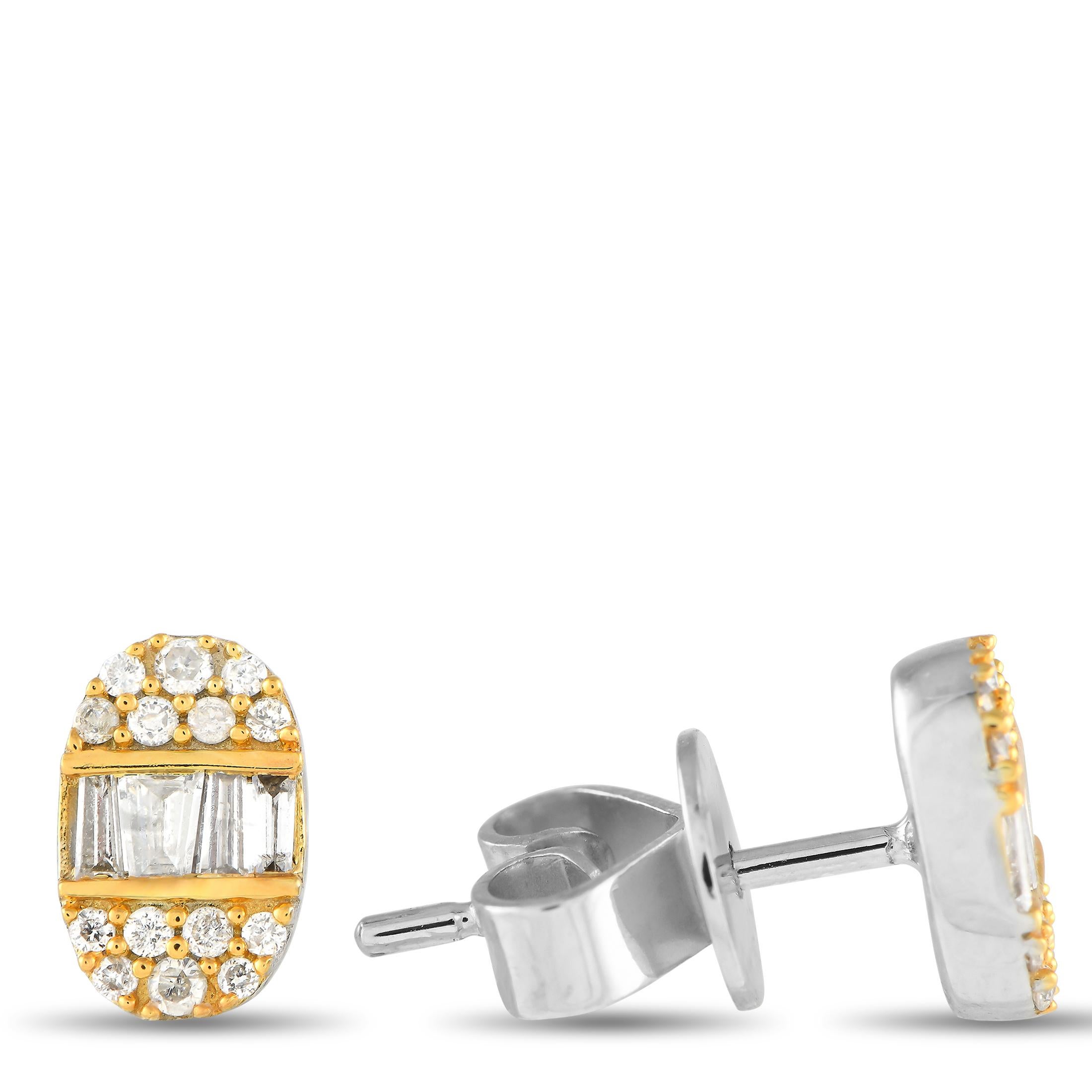 Effortlessly bring interest to your outfits with these two-toned sparklers designed with geometric sophistication. Each earring features an oval shape, with a yellow gold face and a white gold post. The earrings are decorated with a short row of