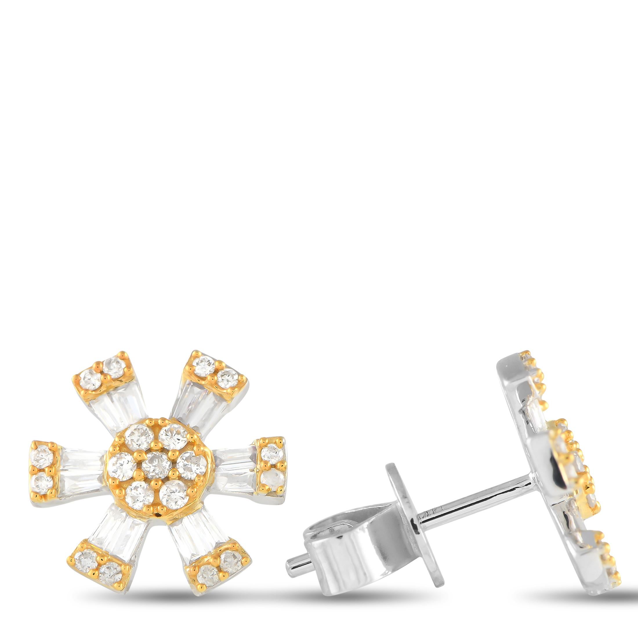 Give your basic outfits an elegant spin by wearing this pair of pinwheel studs. These LB Exclusive earrings feature a cluster of round diamonds on a yellow gold disc. Stemming from the central disc are step-cut diamonds that form a petal-like or