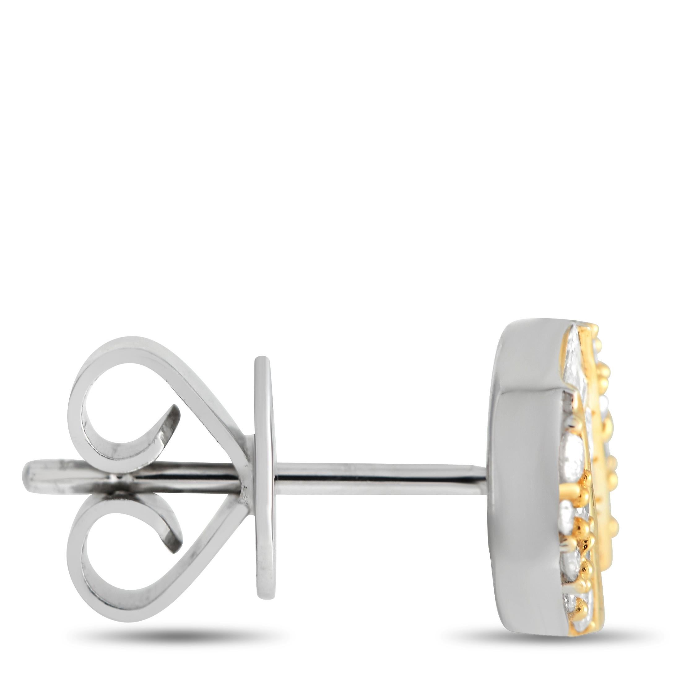 Sparkling diamonds with a total weight of 0.44 carats make these simple, elegant earrings the perfect accent piece. Each one features an understated 0.31” round circular setting crafted from a combination of 14K white gold and 14K yellow gold. 
 
