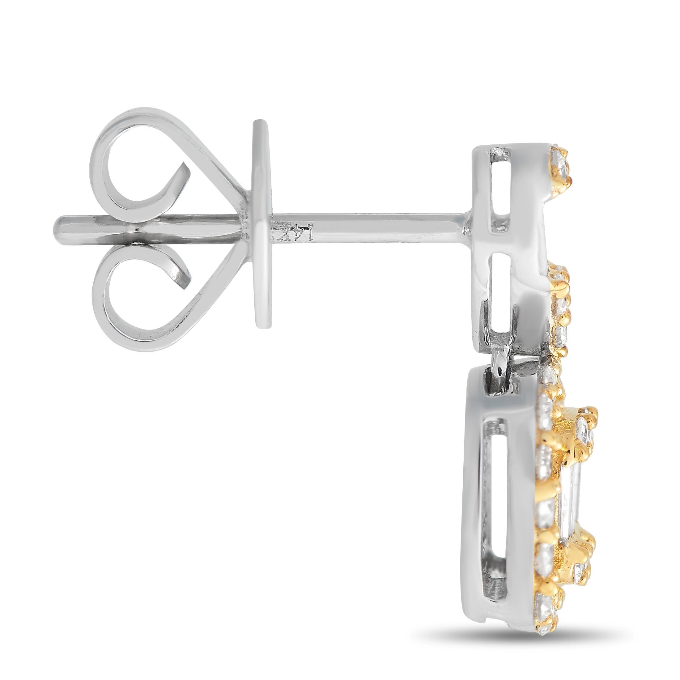 These impressive earrings will add a touch of sparkle to any ensemble. Each one features a statement-making setting crafted from a combination of 14K white gold and 14K yellow gold that measures 0.5” long by 0.25” wide. Diamonds with a total weight