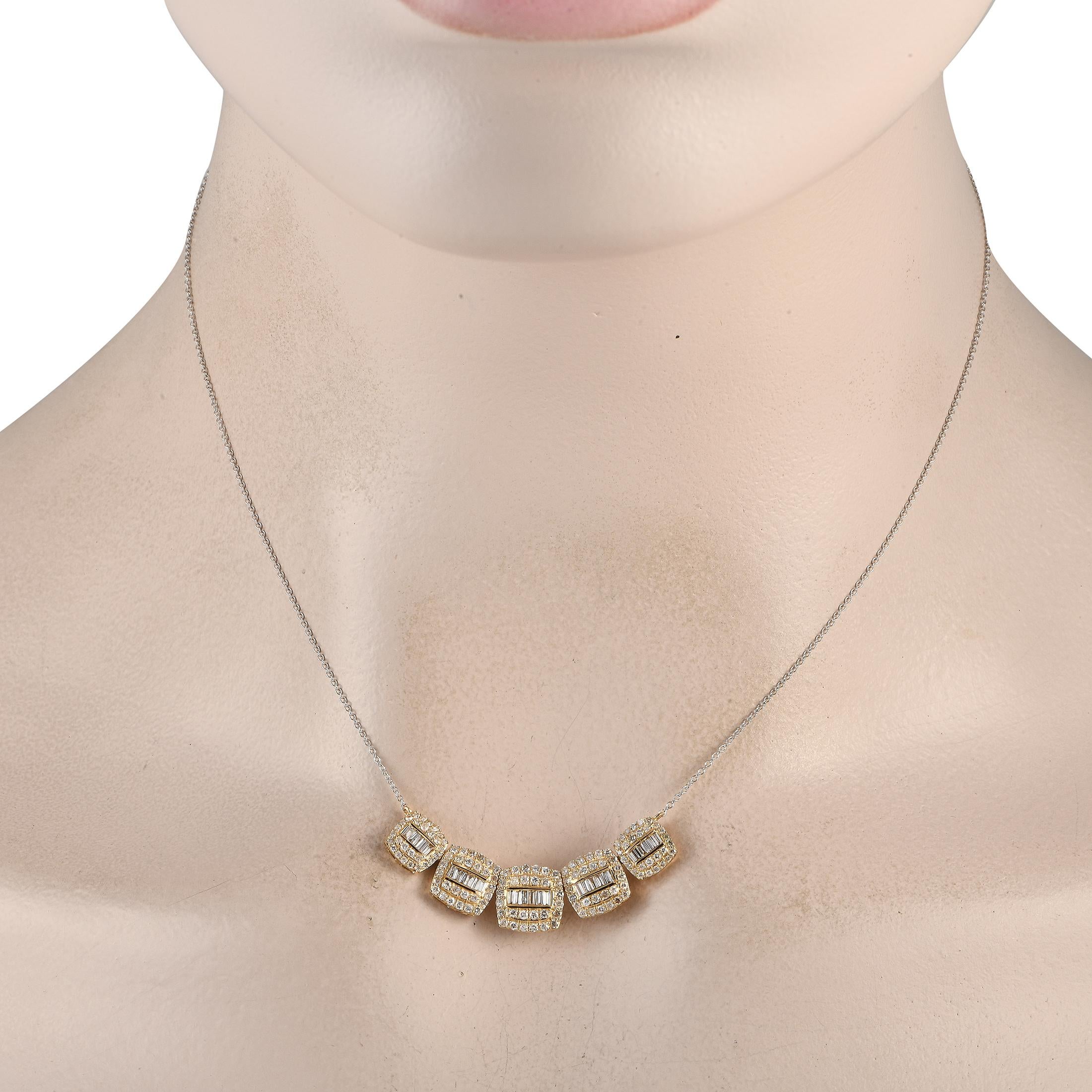 A combination of 14K White Gold and 14K Yellow Gold adds depth and dimension this lovely luxury necklace. Suspended from a 15 chain, youll find a dramatic pendant measuring 0.75 long by 1.5 wide. Diamonds with a total weight of 0.92 carats allow