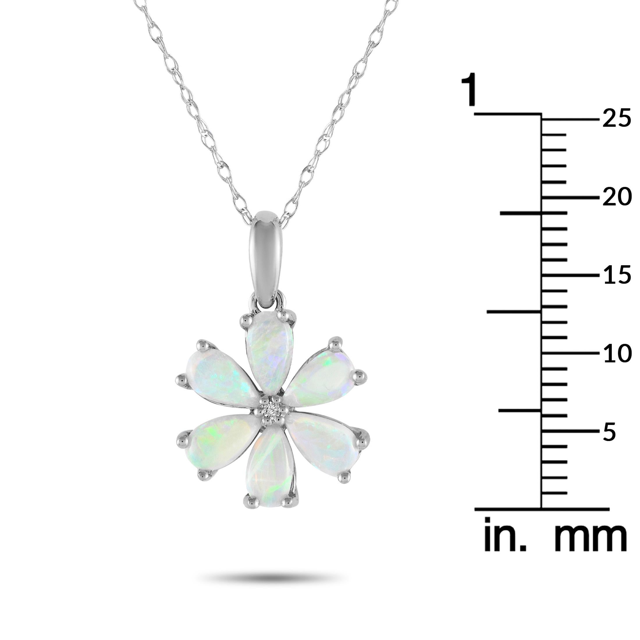 LB Exclusive 14K White Gold 0.01ct Diamond and Opal Flower Necklace PD4-15845WOP In New Condition For Sale In Southampton, PA