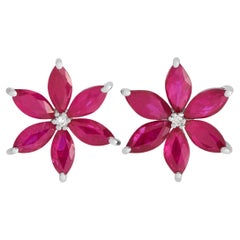 LB Exclusive 14K Weißgold 0,01ct Diamant und Rubin Blume Ohrringe ER4-15657WRU
