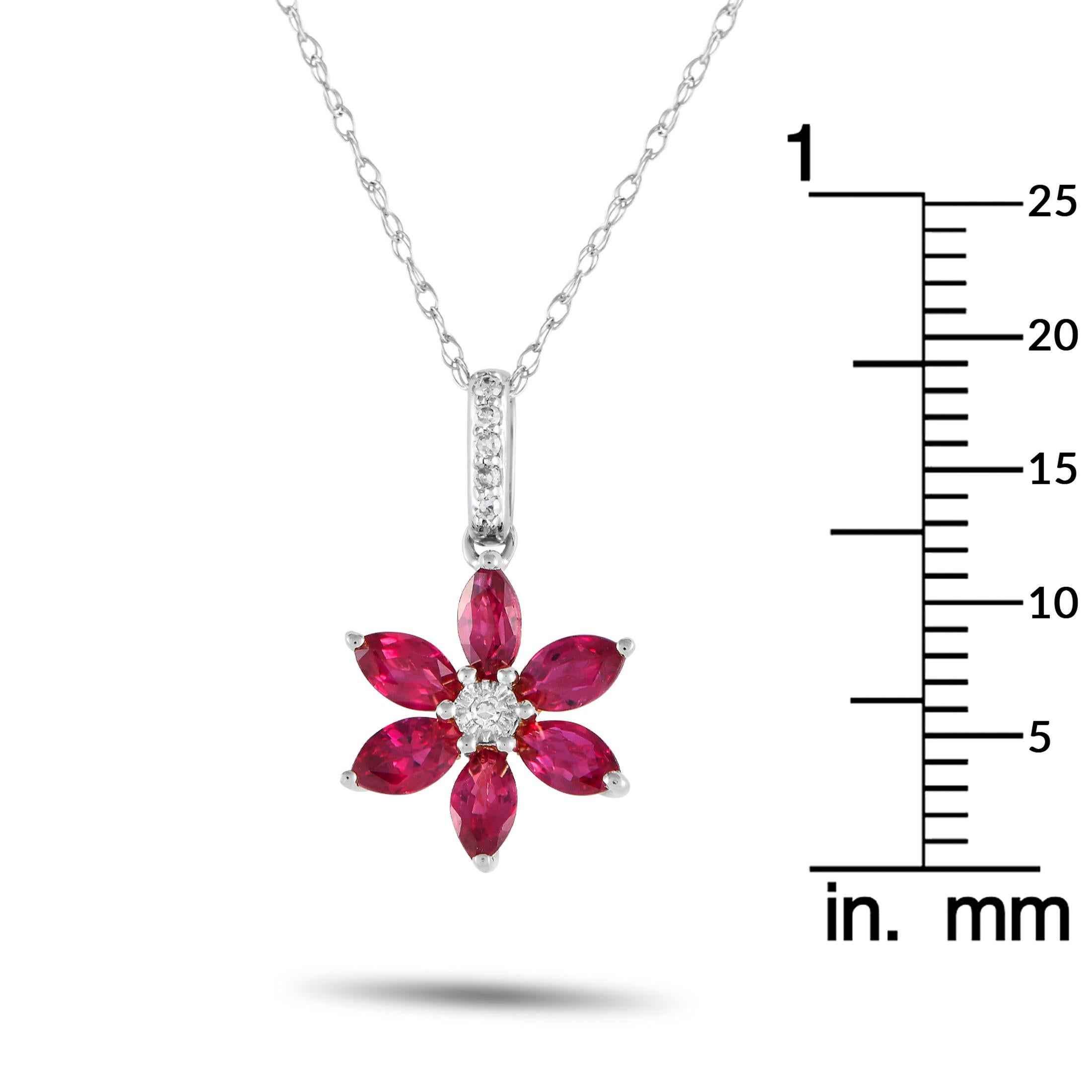 LB Exclusive 14K White Gold 0.01ct Diamond and Ruby Flower Necklace PD4-16241WRU In New Condition For Sale In Southampton, PA