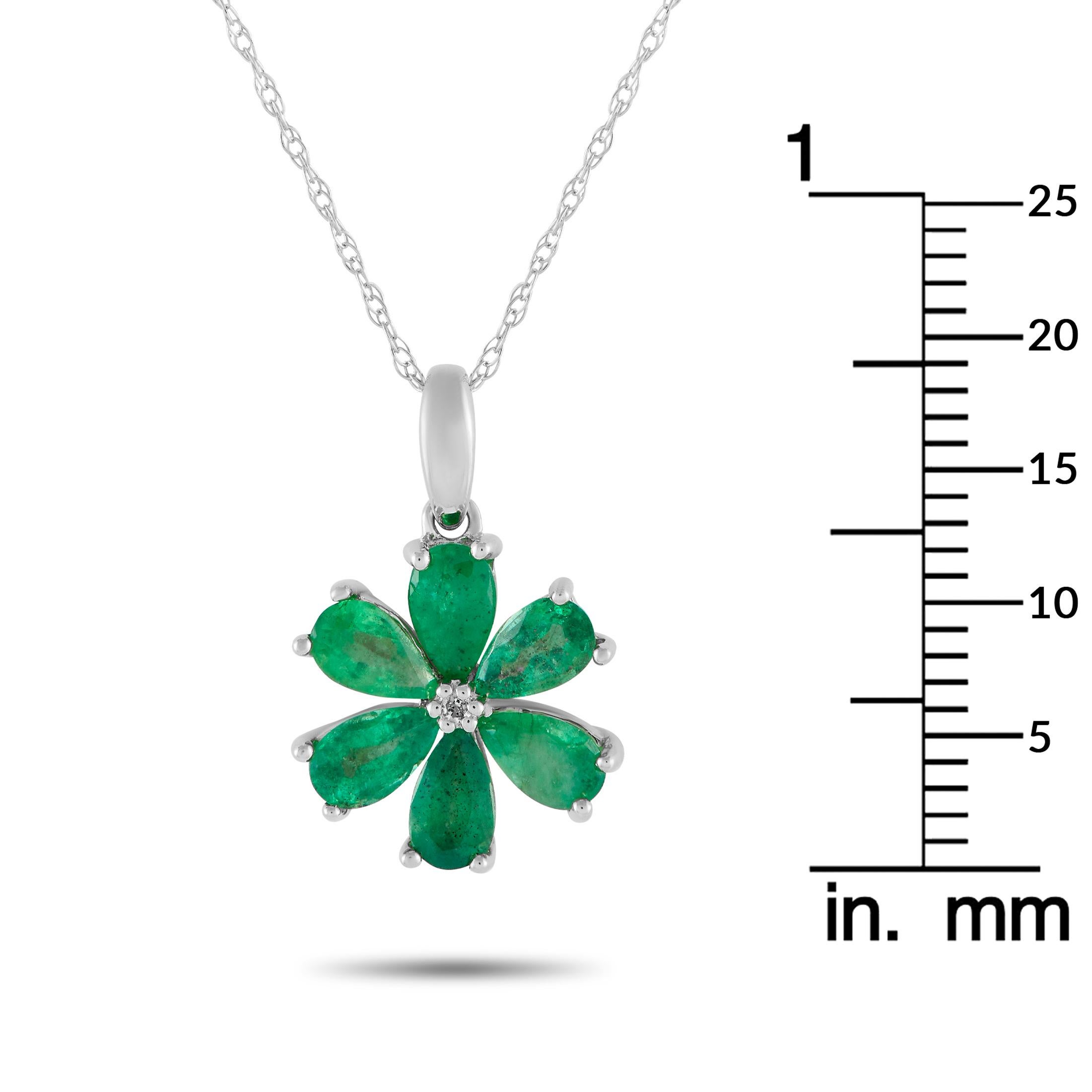 LB Exclusive 14K White Gold 0.01ct Diamond & Emerald Flower Necklace PS01-110723 In New Condition For Sale In Southampton, PA