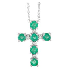 LB Exclusive 14k White Gold 0.02 Ct Diamond and Emerald Cross Pendant Necklace
