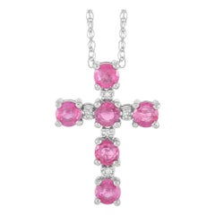 LB Exclusive 14K White Gold 0.02 Ct Diamond and Ruby Cross Pendant Necklace