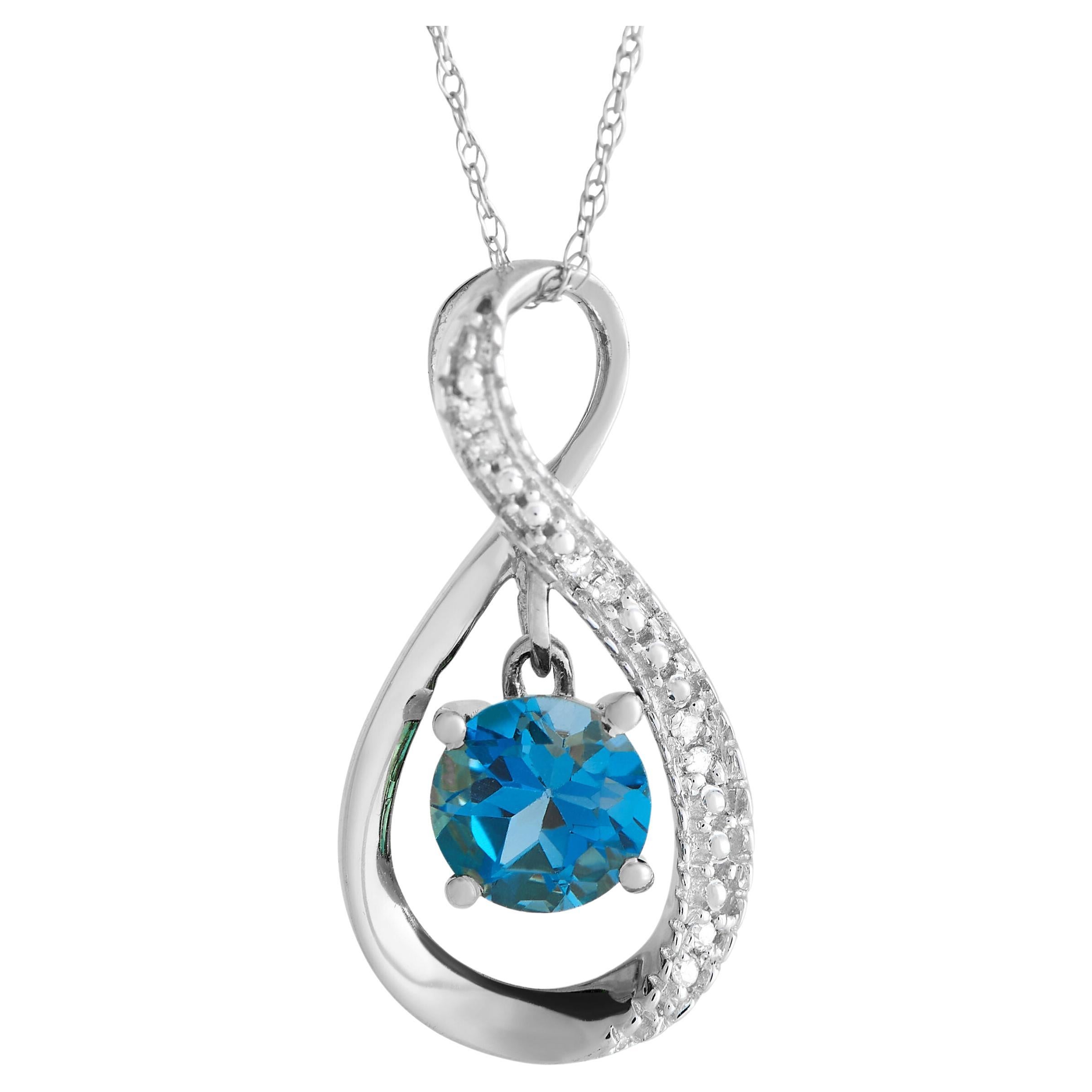 LB Exclusive 14K White Gold 0.03ct Diamond and Blue Topaz Pendant Necklace For Sale