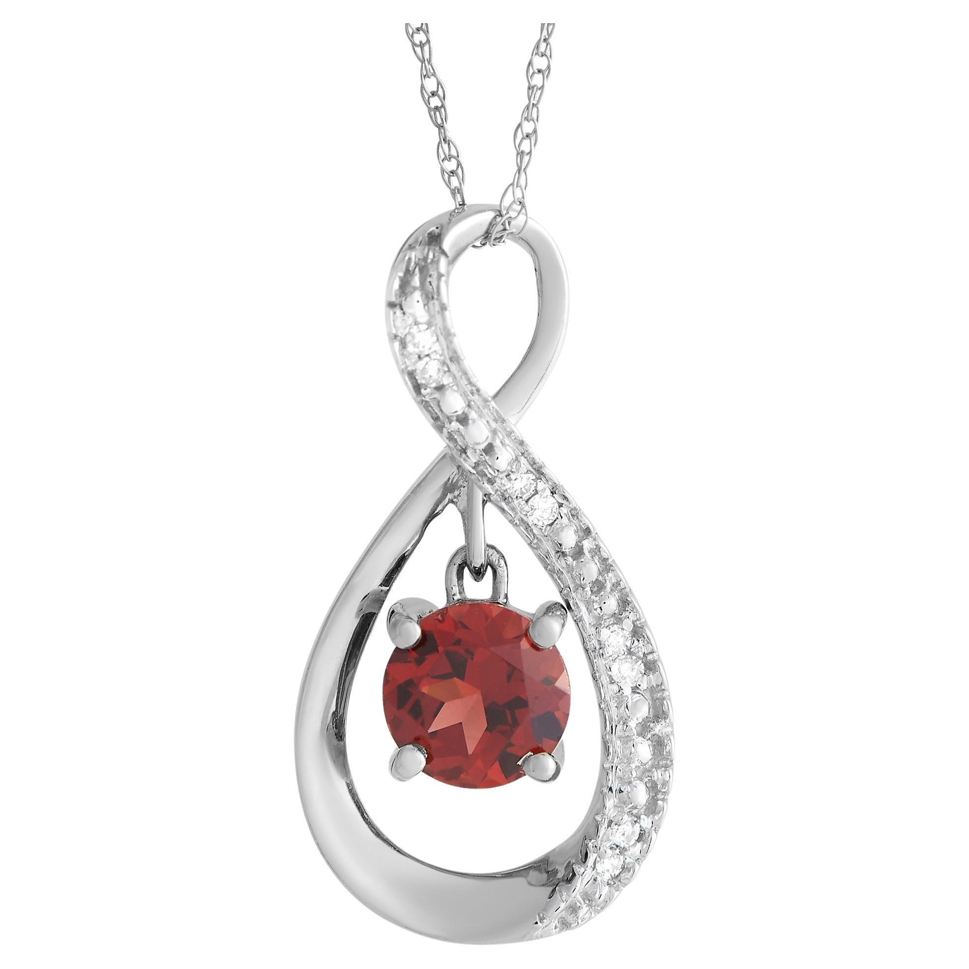 LB Exclusive 14K White Gold 0.03ct Diamond and Garnet Pendant Necklace For Sale