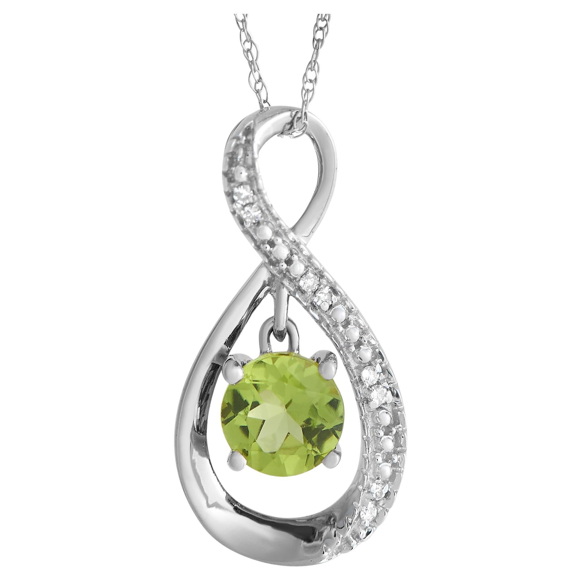 LB Exclusive 14K White Gold 0.03ct Diamond and Peridot Necklace For Sale