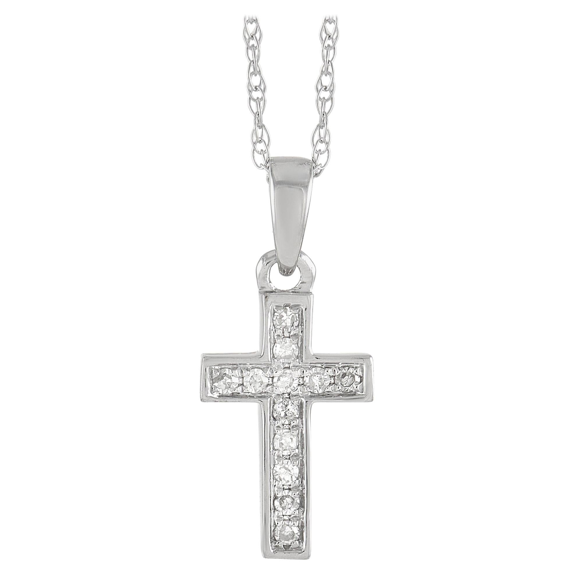 LB Exclusive 14k White Gold 0.05 Ct Diamond Cross Pendant Necklace