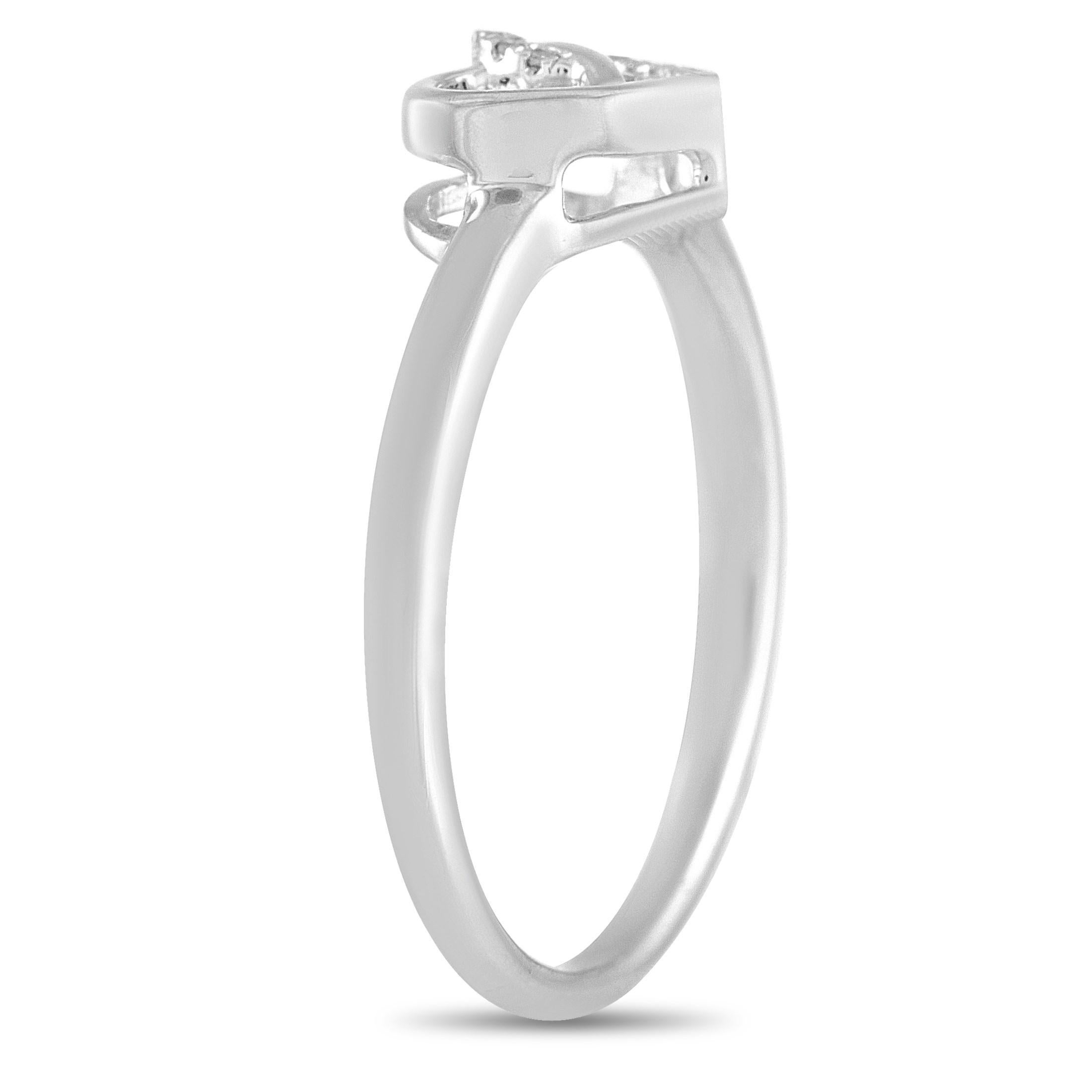 This LB Exclusive 14K White Gold 0.05 ct Diamond Intertwined Heart Ring is made with 14K White gold and features a heart shape set with 0.05 carats of round-cut diamonds around half of the heart. The ring has a band thickness of 2 mm, a top height