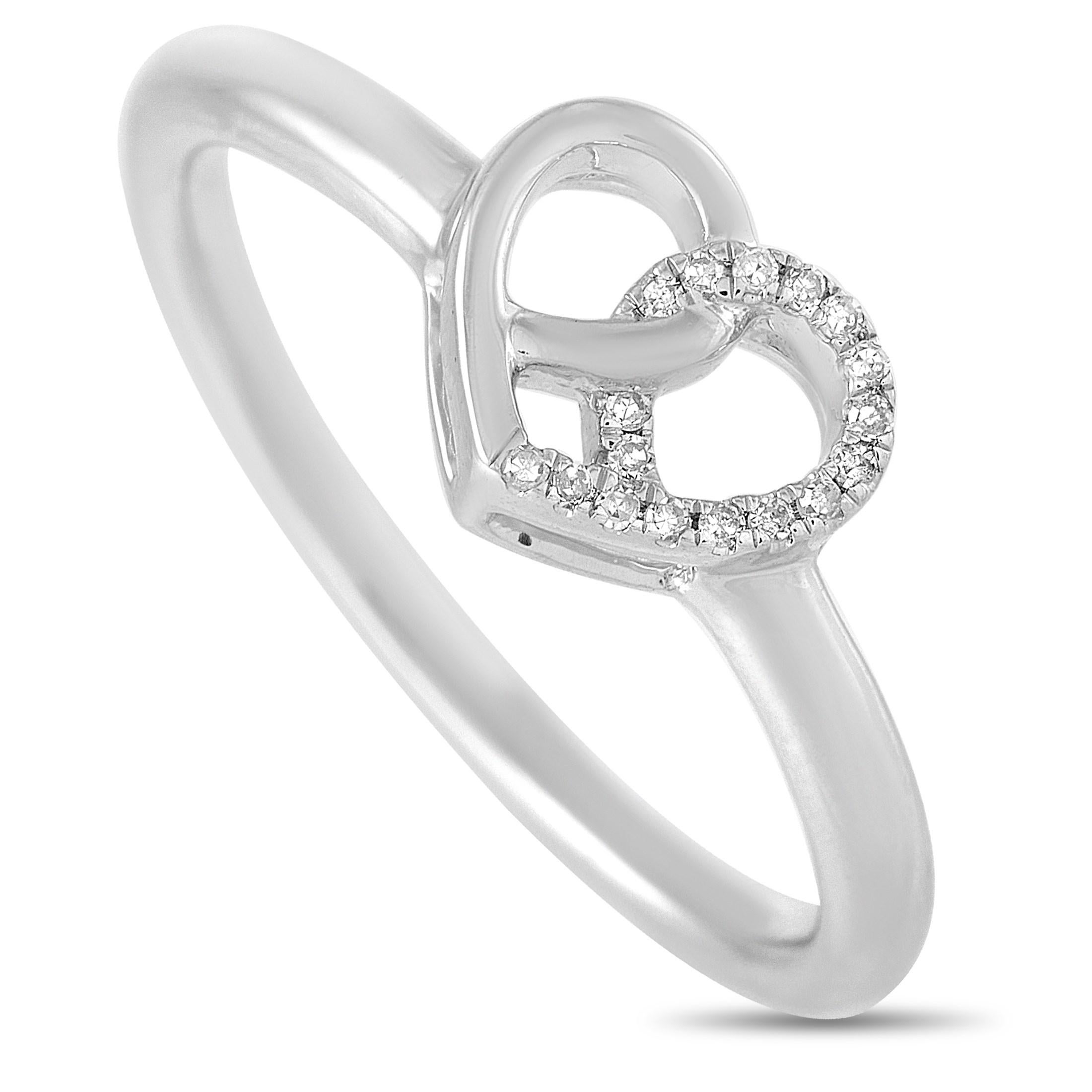 Round Cut LB Exclusive 14 Karat White Gold 0.05 Carat Diamond Intertwined Heart Ring For Sale