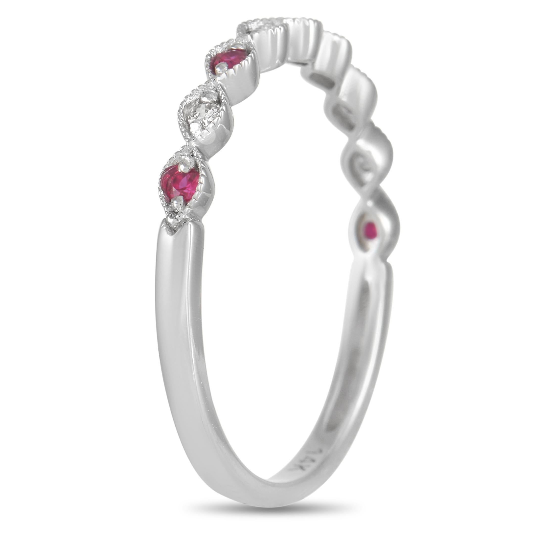 A breathtaking pairing of gemstones make this minimalist ring a thing of beauty. Curved edges accented by milligrain detailing add extra elegance to this simple design, which features a band width of 1mm and a 2mm top height. Red rubies and